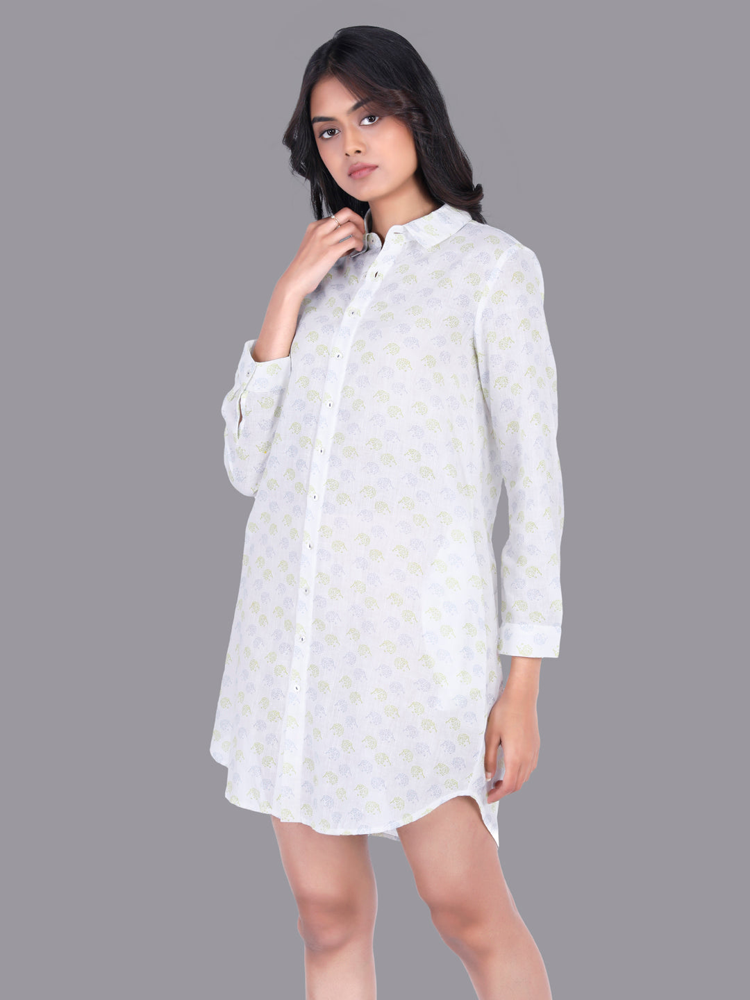 Eco Khadi Muslin Cotton White Shirt Dress with Porcupine Print
