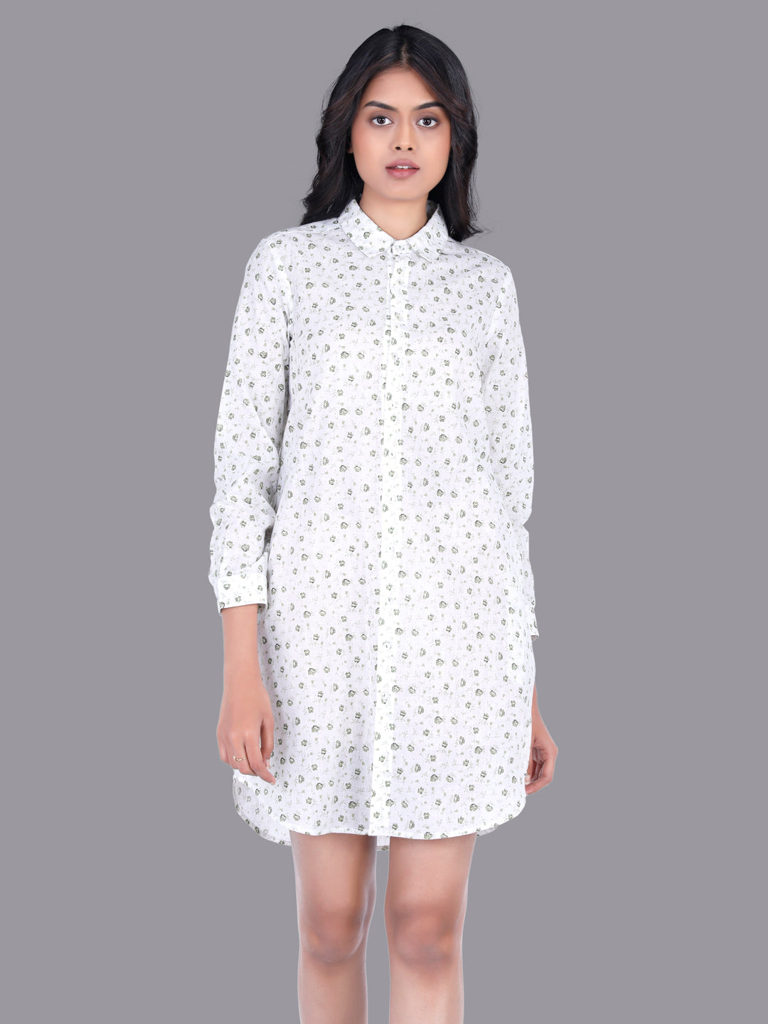 Eco Khadi Cotton Muslin White Shirt Dress with Floral Print