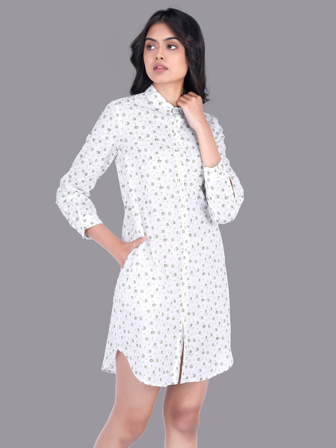 Eco Khadi Cotton Muslin White Shirt Dress with Floral Print