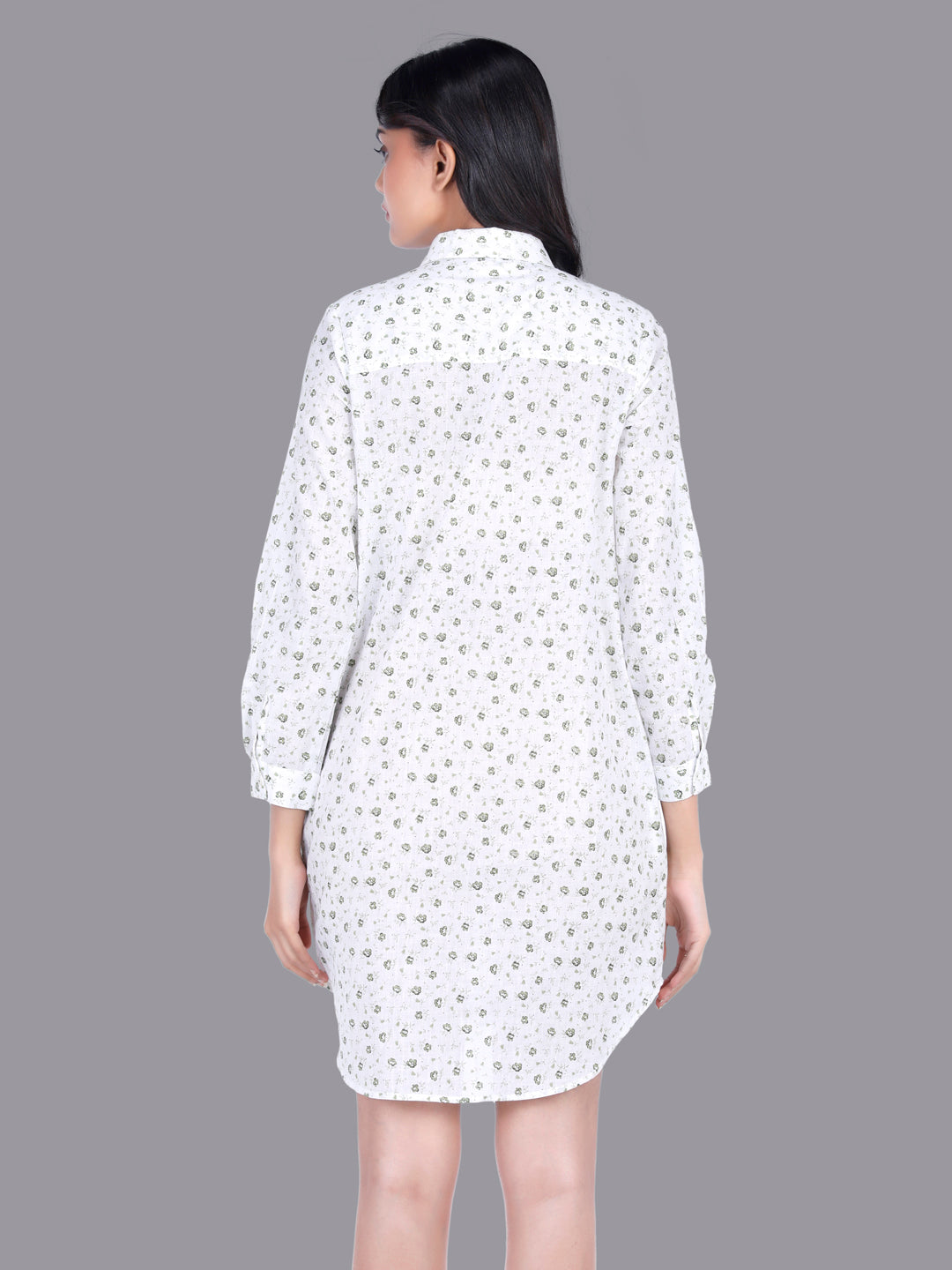 Eco Khadi Cotton Muslin White Shirt Dress with Floral Print