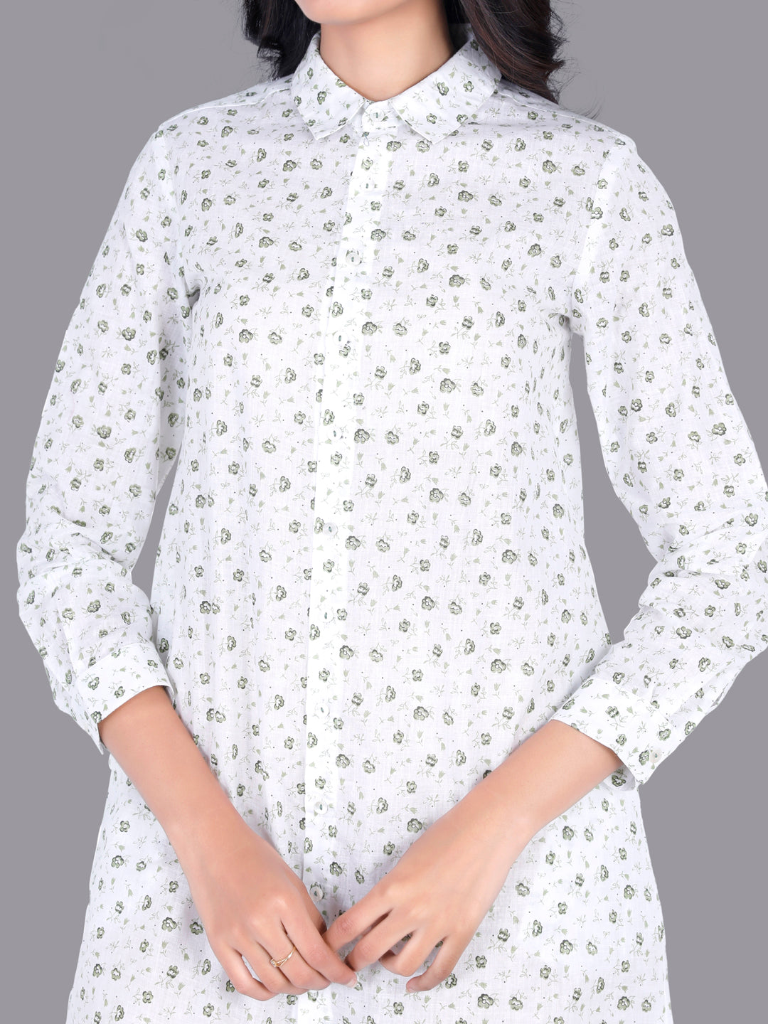 Eco Khadi Cotton Muslin White Shirt Dress with Floral Print