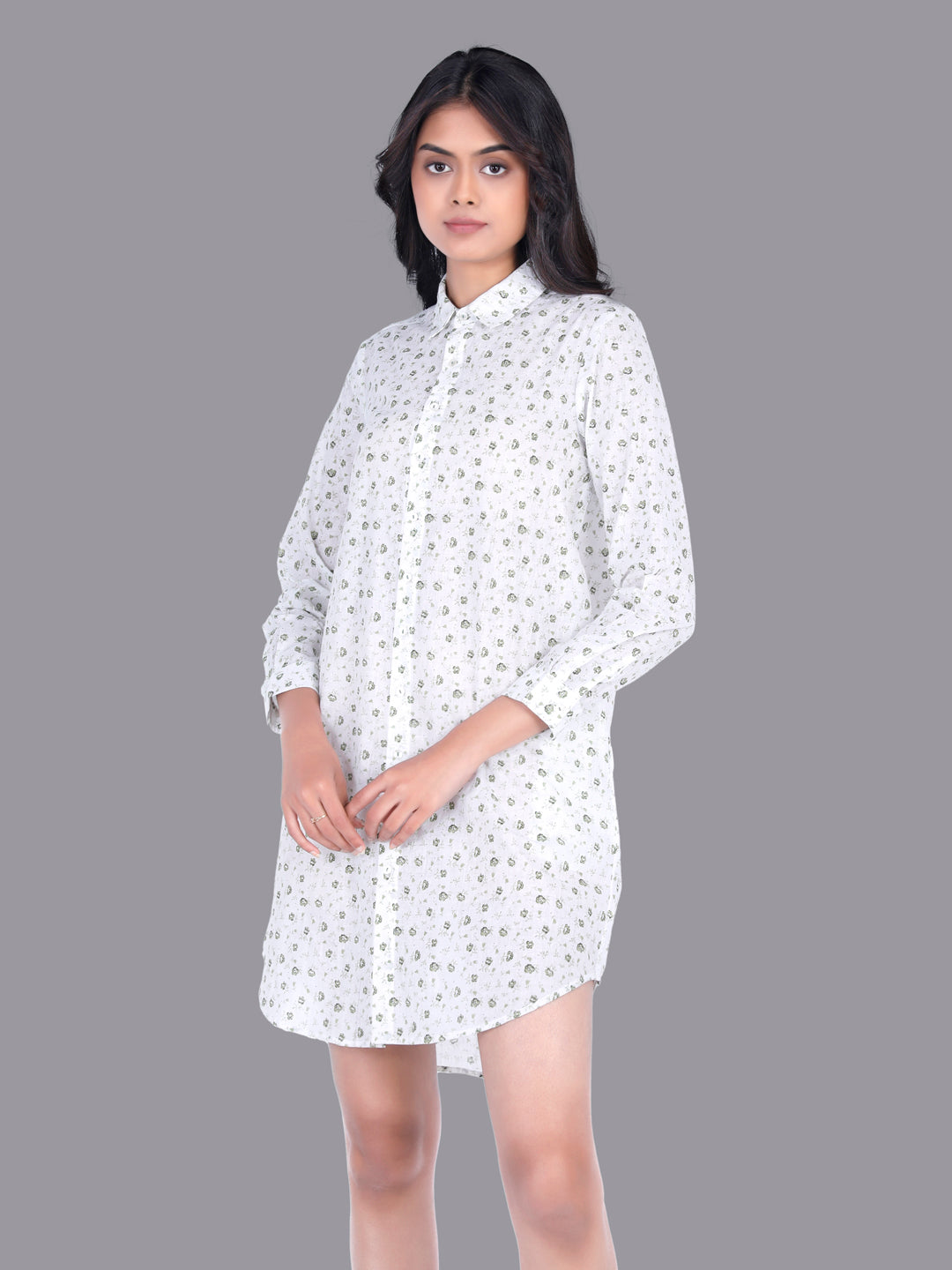Eco Khadi Cotton Muslin White Shirt Dress with Floral Print
