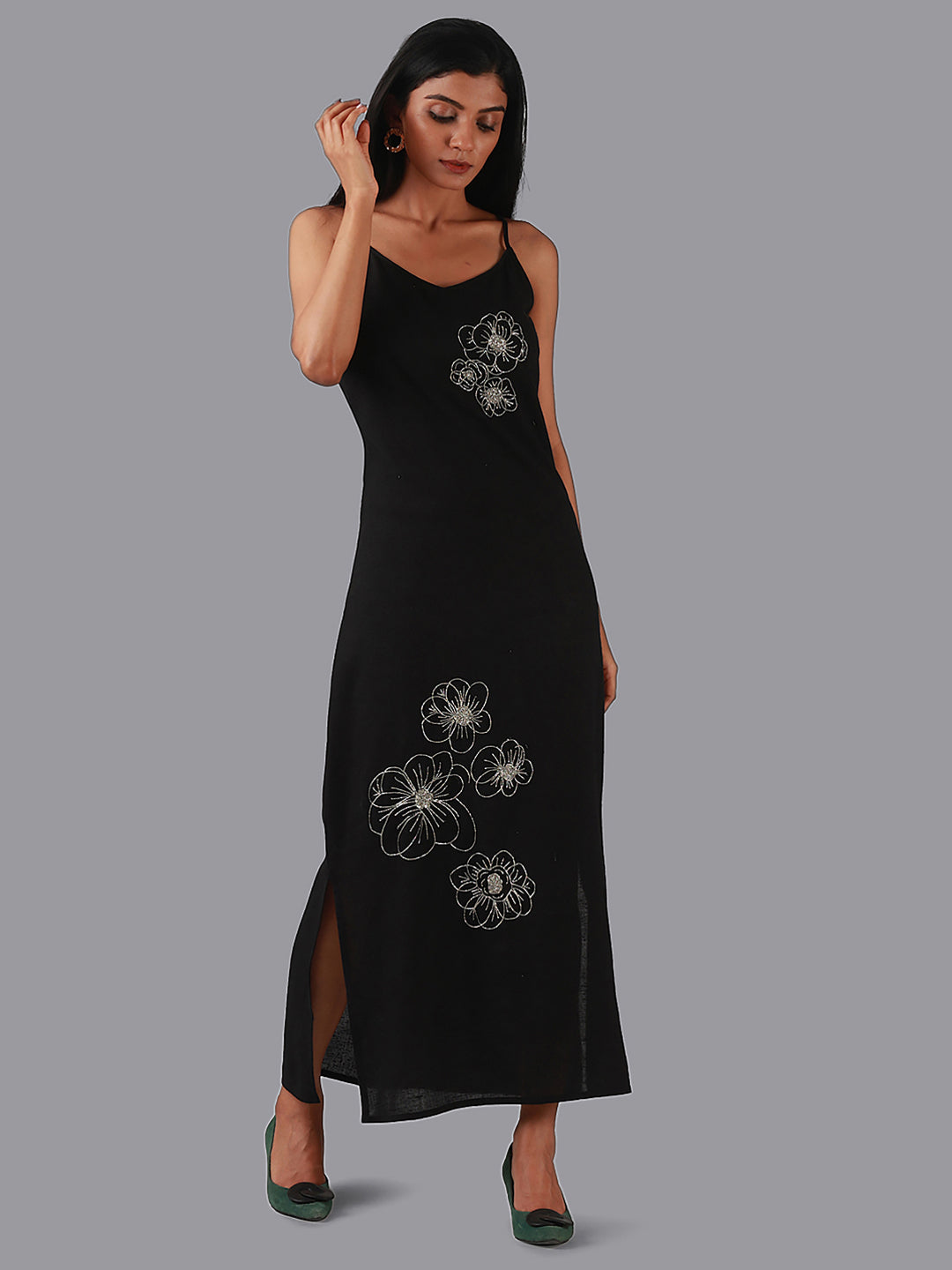 Eco Khadi Cotton Black Embroidered Cotton Slip Dress - Maya