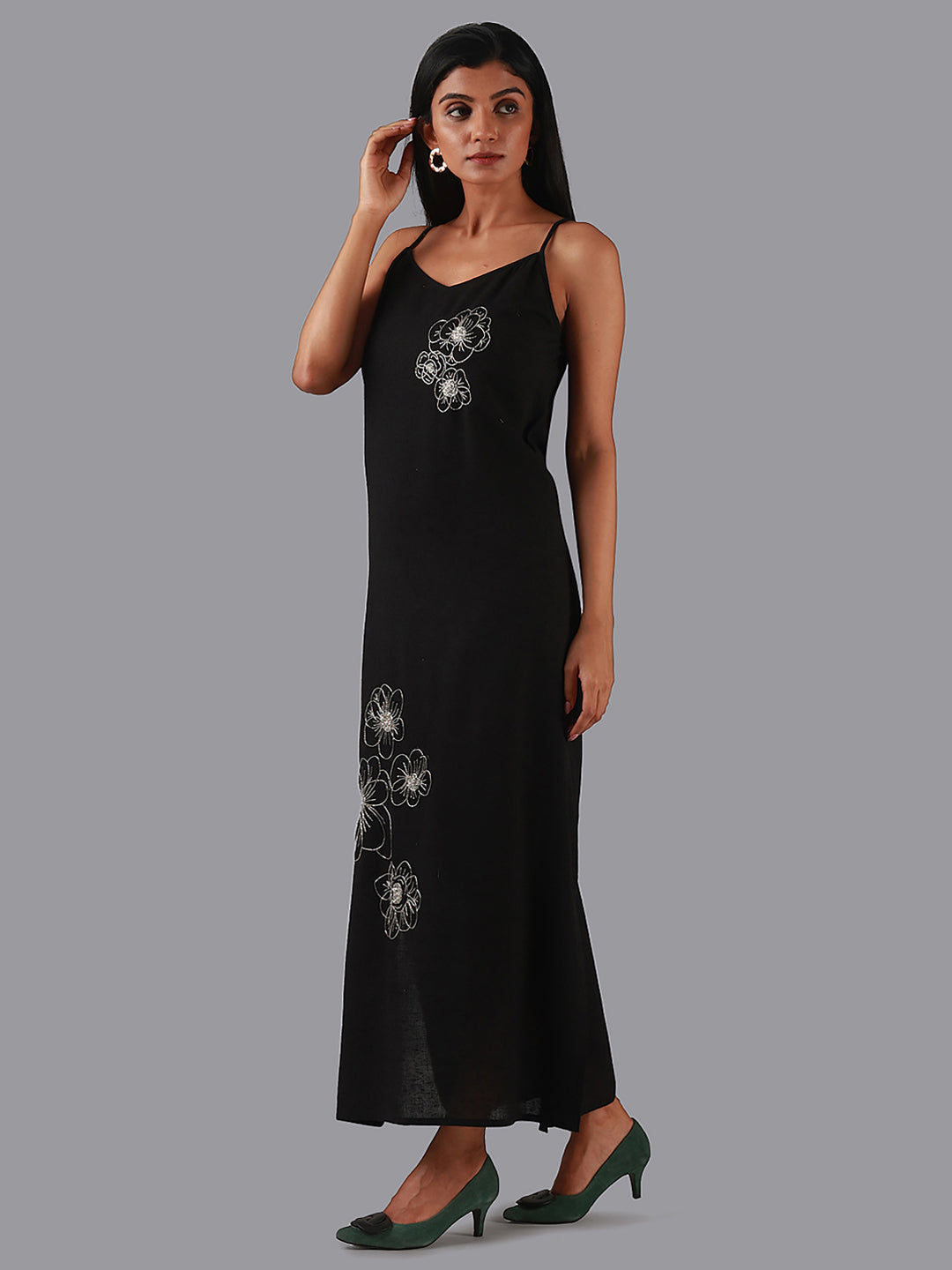 Eco Khadi Cotton Black Embroidered Cotton Slip Dress - Maya