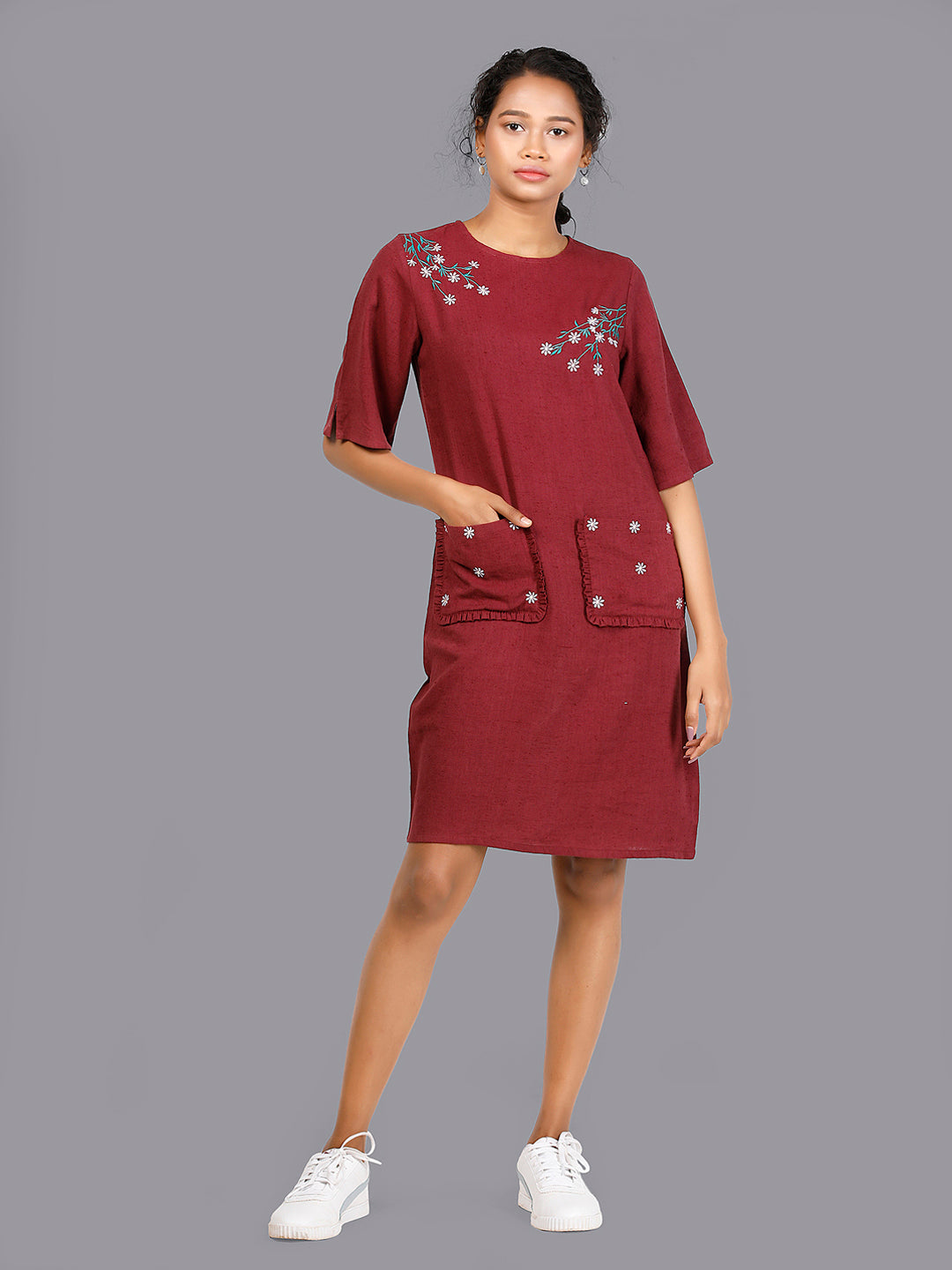 Eco Khadi Cottoh Burgundy Embroidered Dress