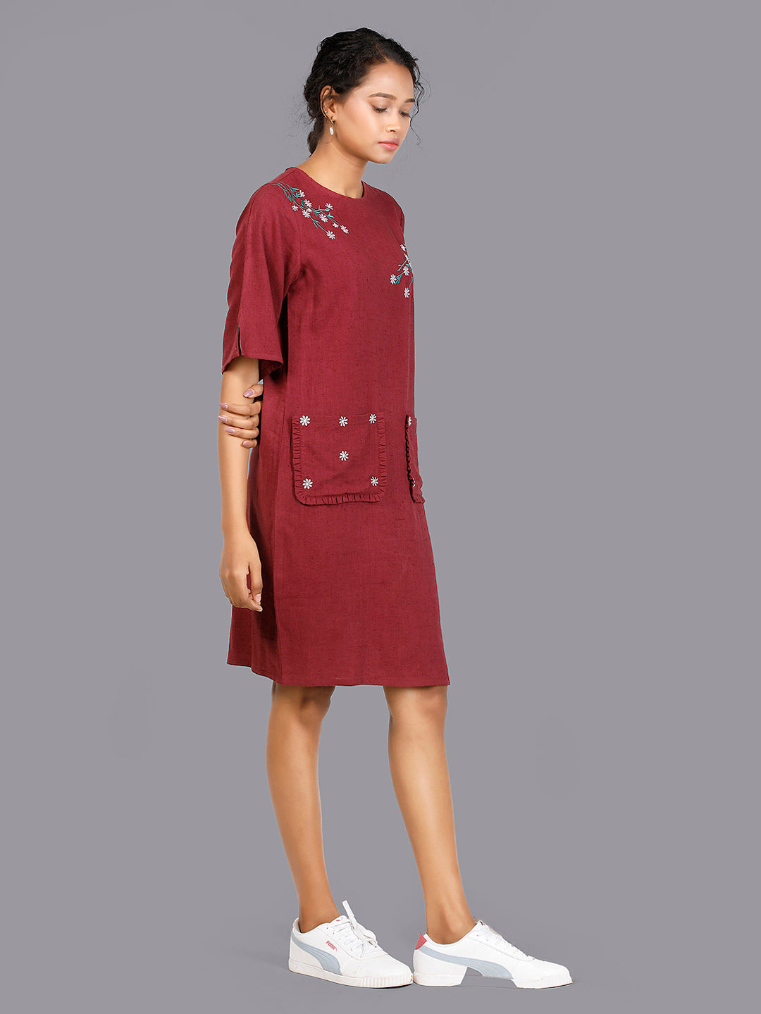 Eco Khadi Cottoh Burgundy Embroidered Dress