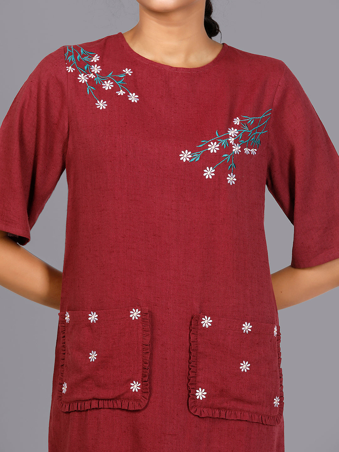 Eco Khadi Cottoh Burgundy Embroidered Dress