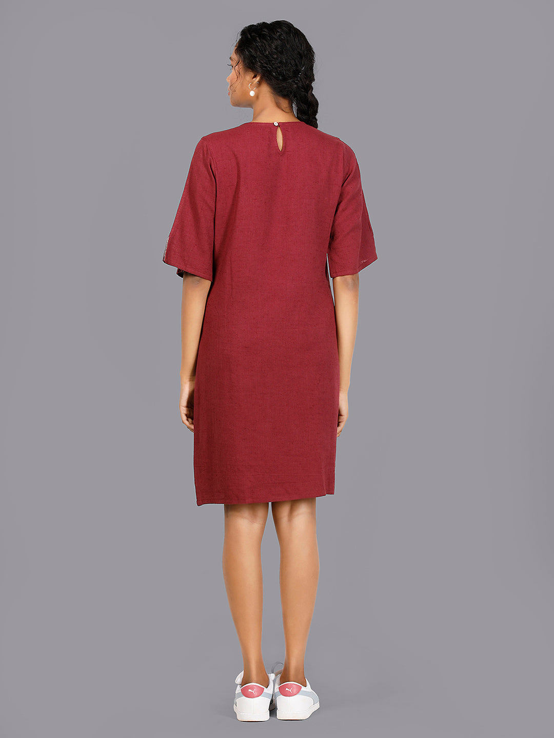 Eco Khadi Cottoh Burgundy Embroidered Dress
