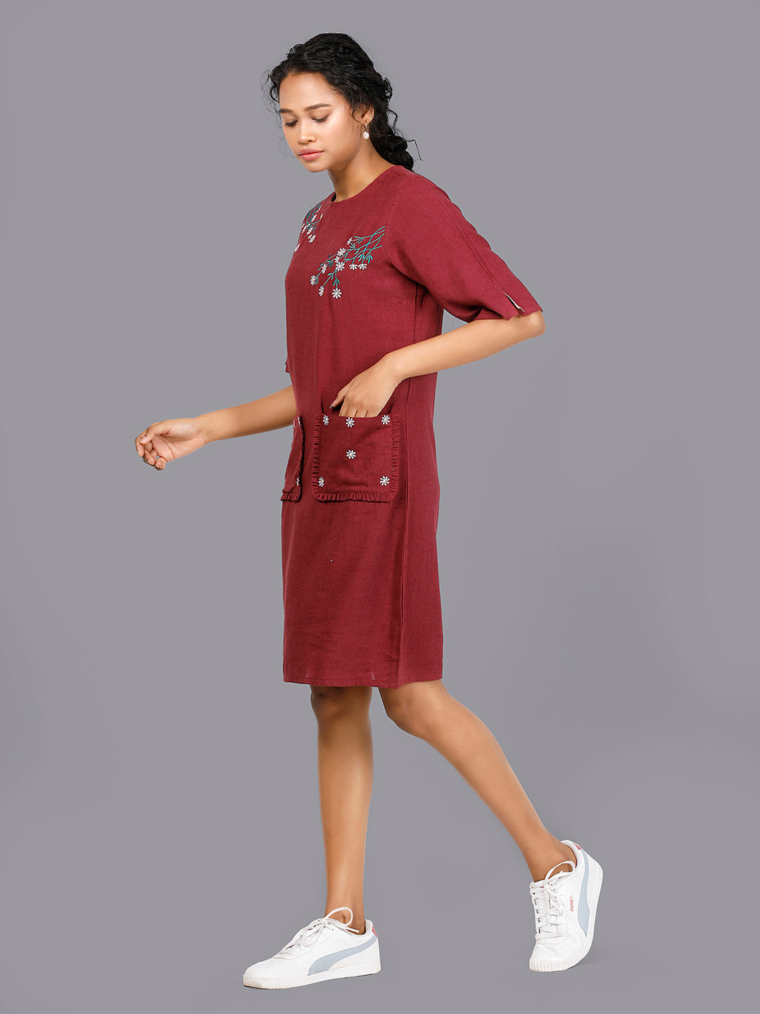 Eco Khadi Cottoh Burgundy Embroidered Dress