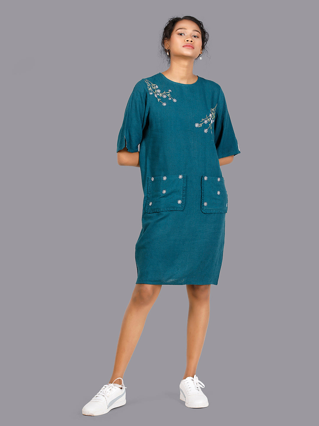 Eco Khadi Cotton Green Embroidered Dress