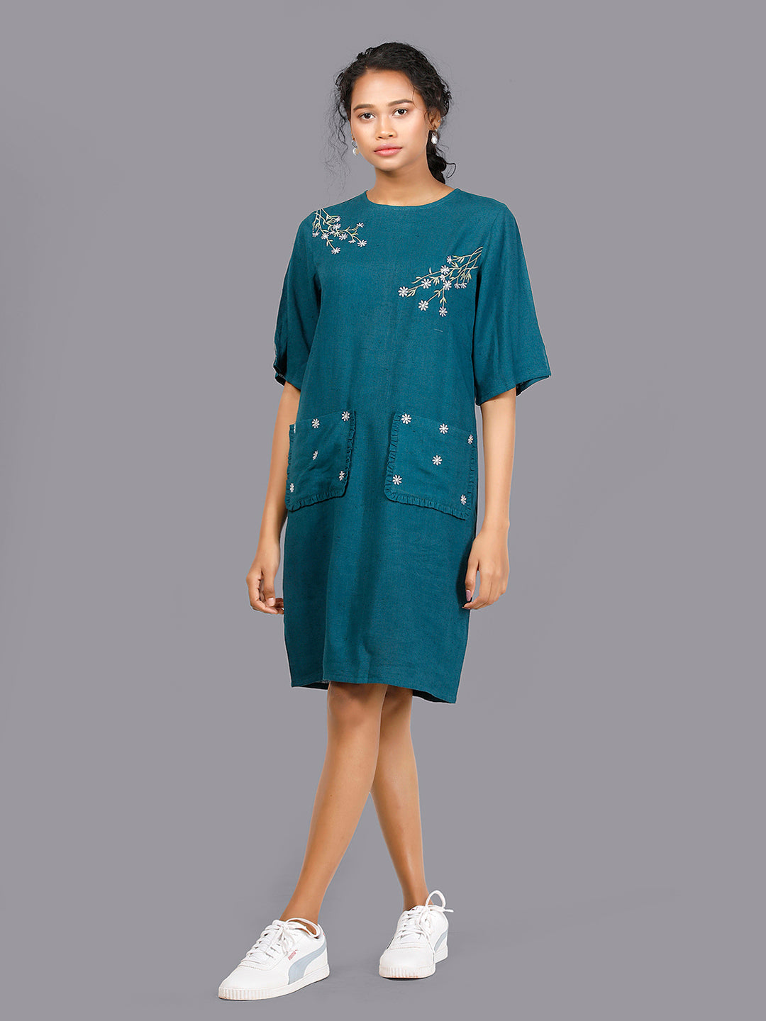 Eco Khadi Cotton Green Embroidered Dress