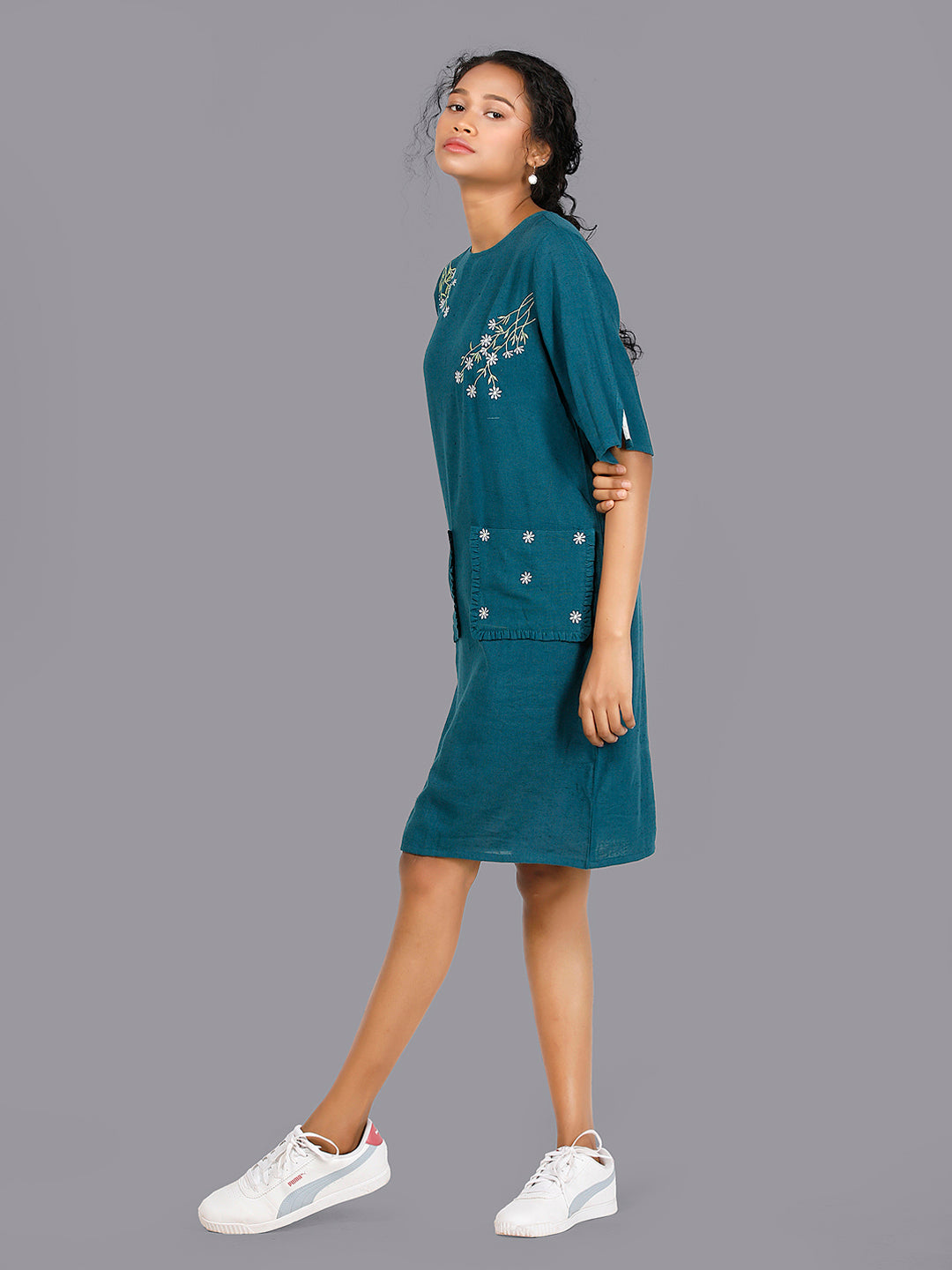 Eco Khadi Cotton Green Embroidered Dress