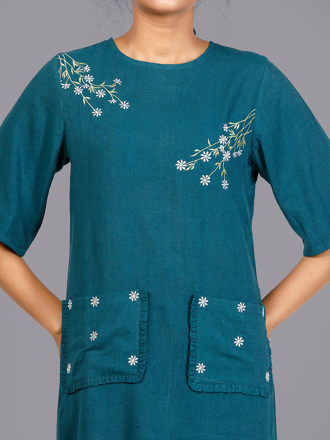 Eco Khadi Cotton Green Embroidered Dress