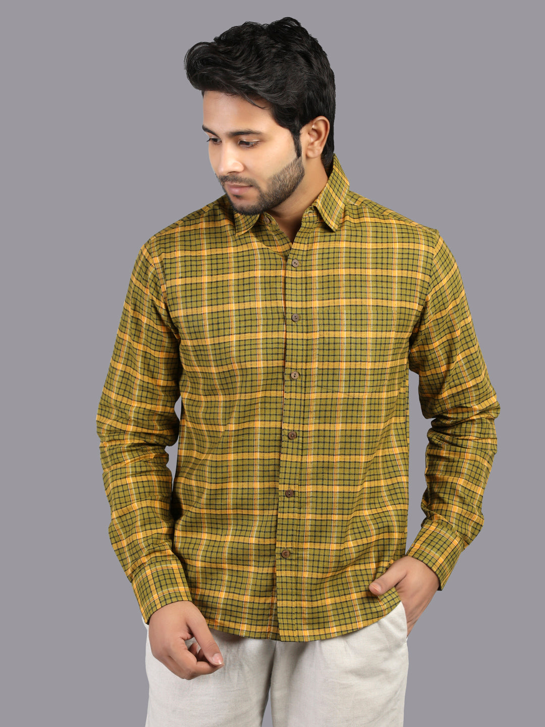 Eco Khadi Cotton Mustard Yellow Checks Shirt