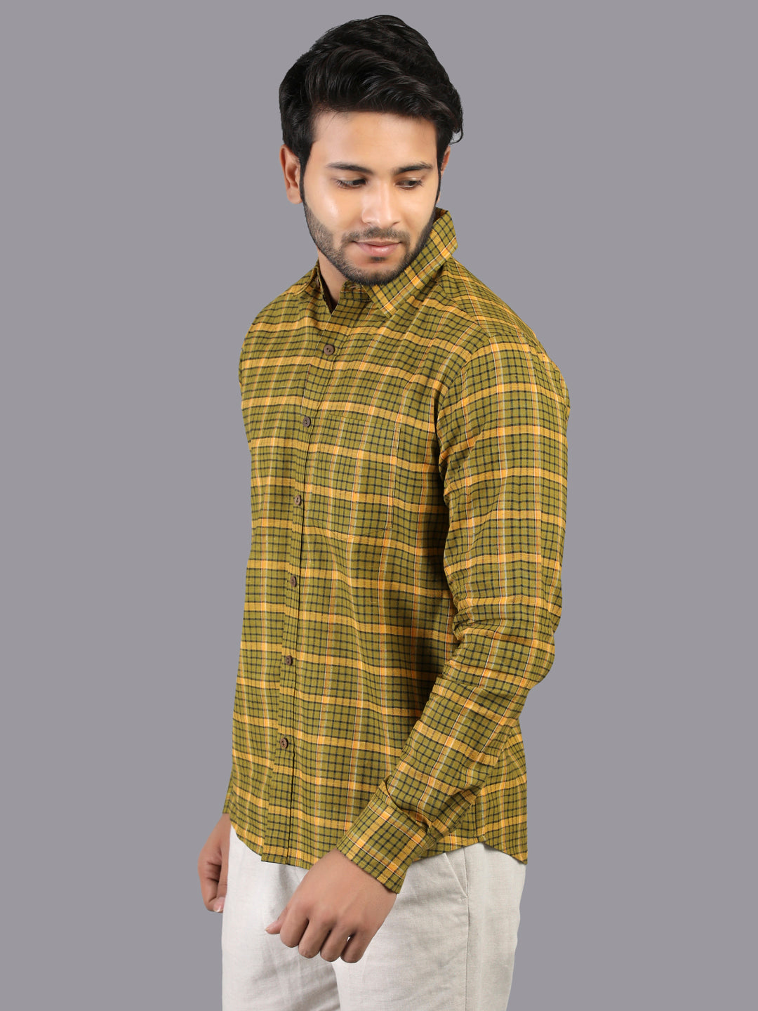 Eco Khadi Cotton Mustard Yellow Checks Shirt