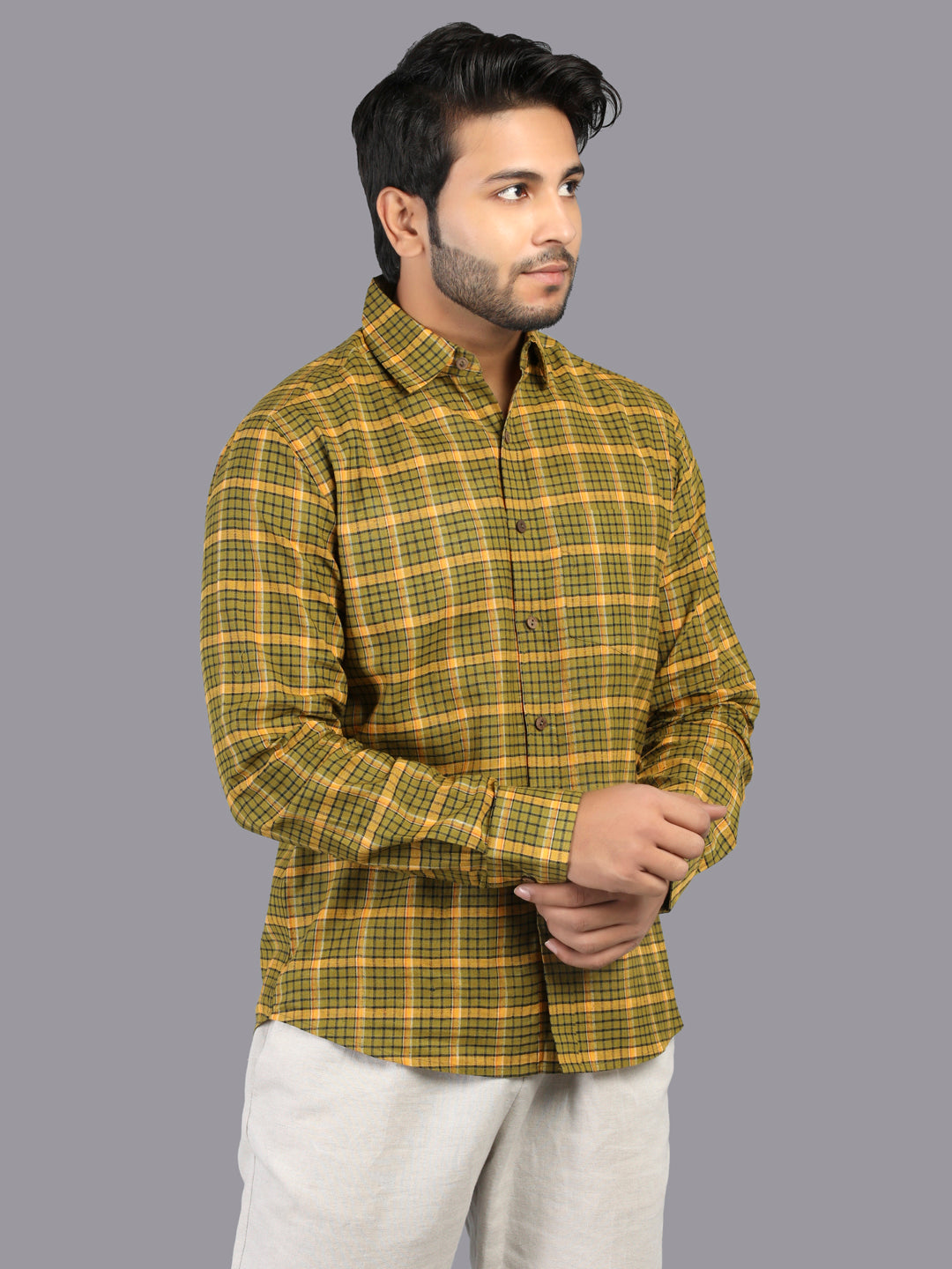 Eco Khadi Cotton Mustard Yellow Checks Shirt