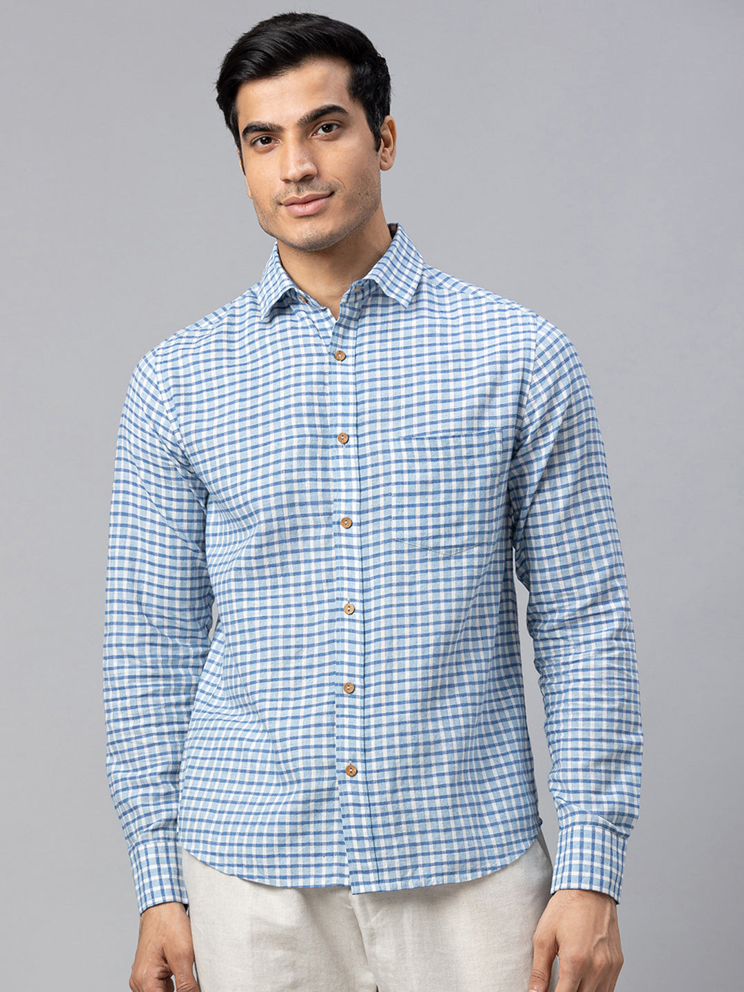 Eco Khadi Cotton Blue & White Checks Shirt - Vir