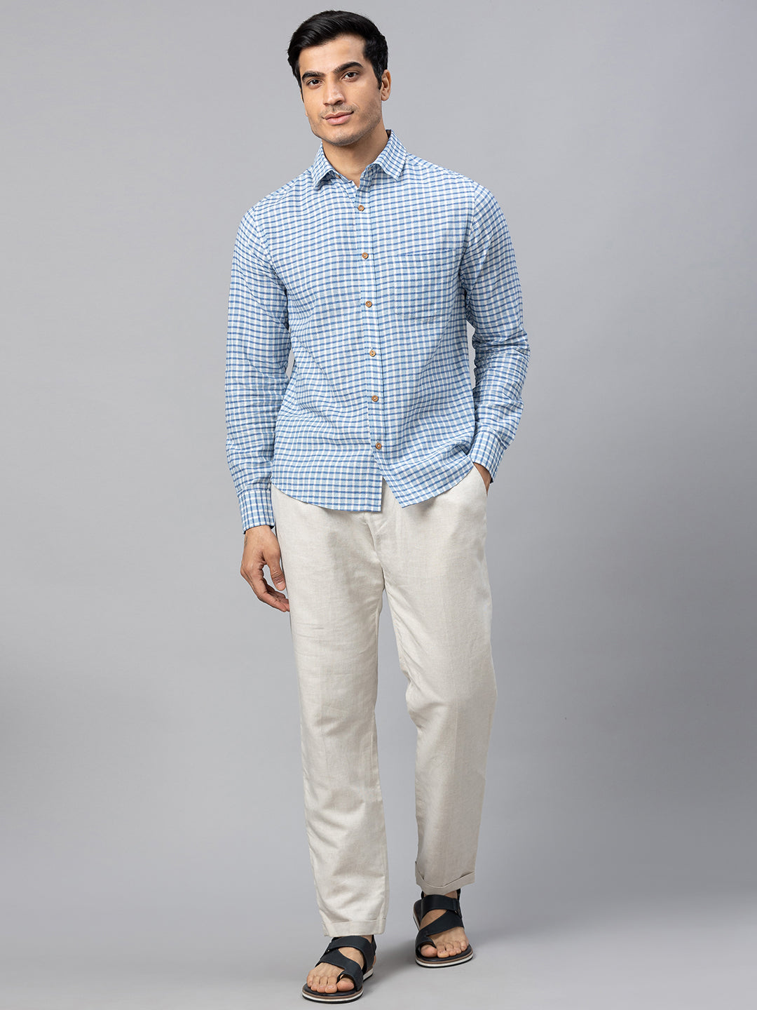 Eco Khadi Cotton Blue & White Checks Shirt - Vir