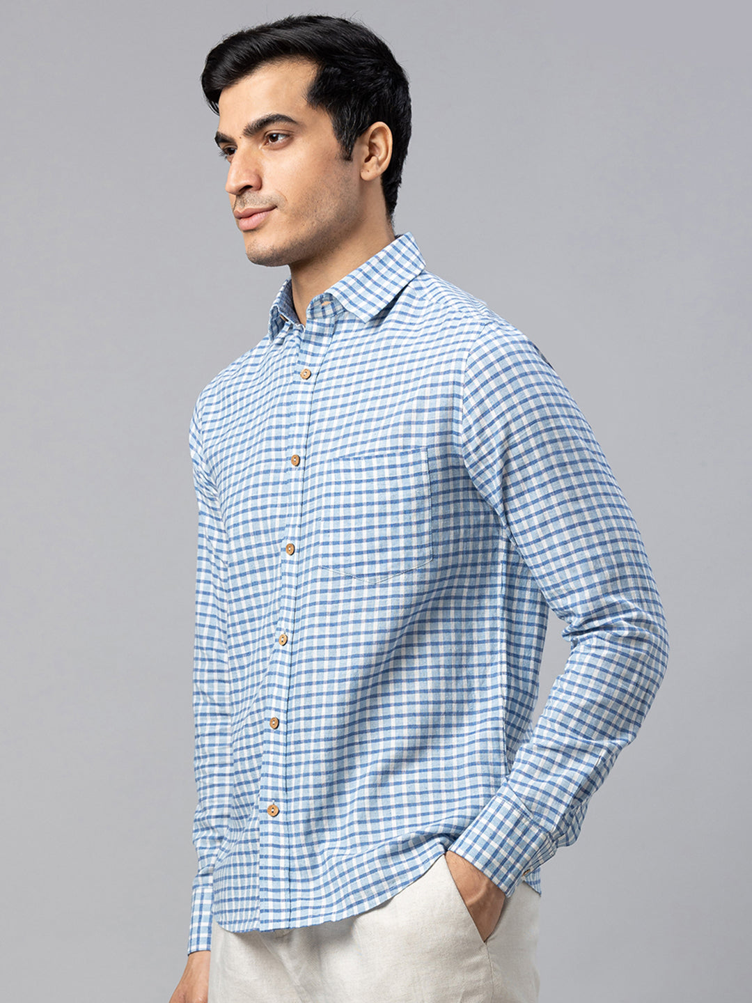 Eco Khadi Cotton Blue & White Checks Shirt - Vir