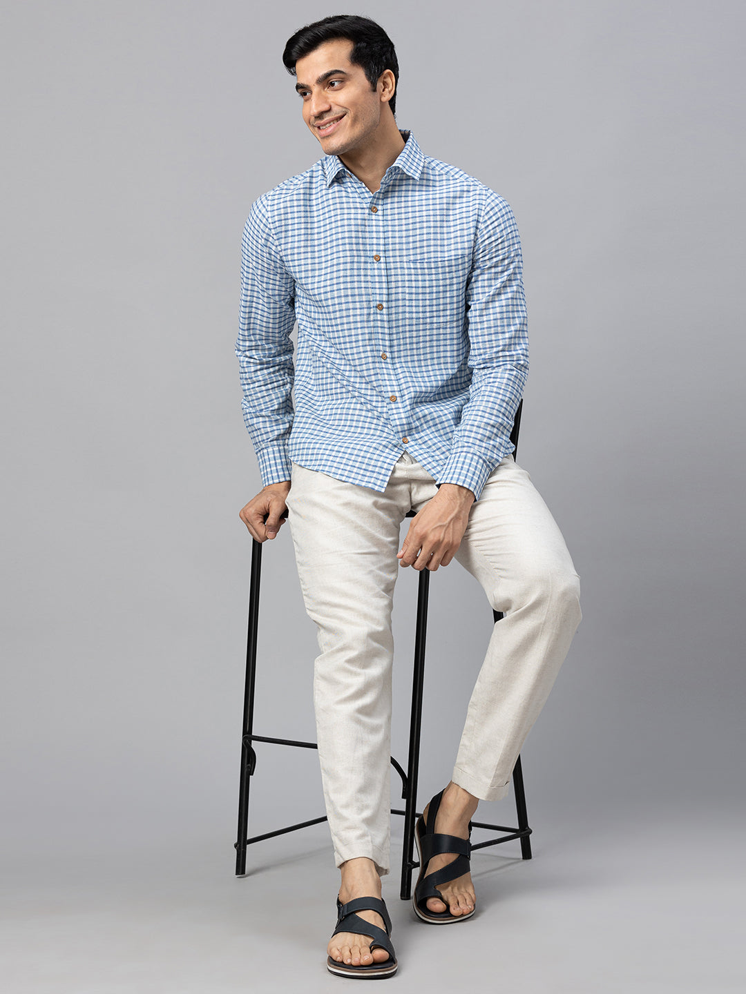 Eco Khadi Cotton Blue & White Checks Shirt - Vir