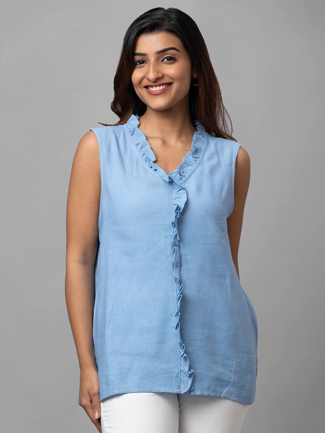 Eco Khadi Cotton Blue Ruffled Sleeveles Top - Aria