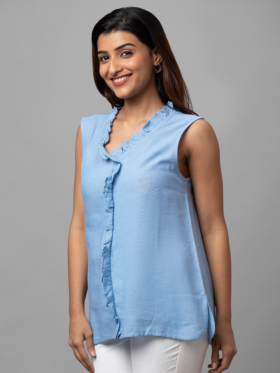 Eco Khadi Cotton Blue Ruffled Sleeveles Top - Aria