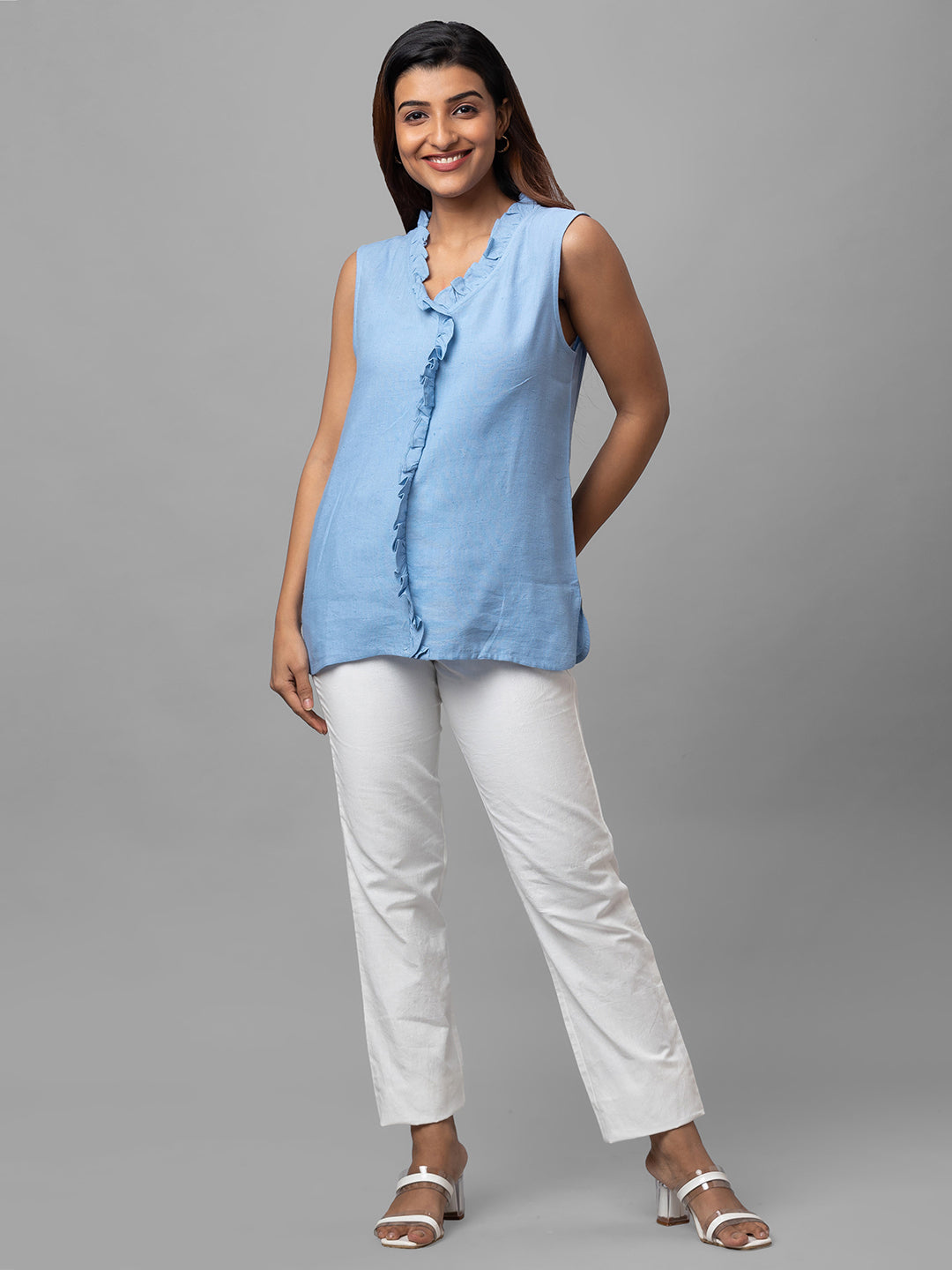 Eco Khadi Cotton Blue Ruffled Sleeveles Top - Aria