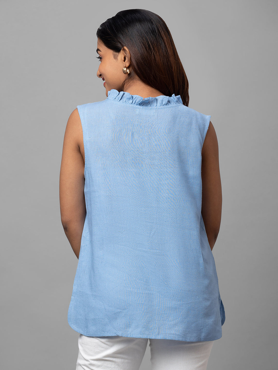 Eco Khadi Cotton Blue Ruffled Sleeveles Top - Aria