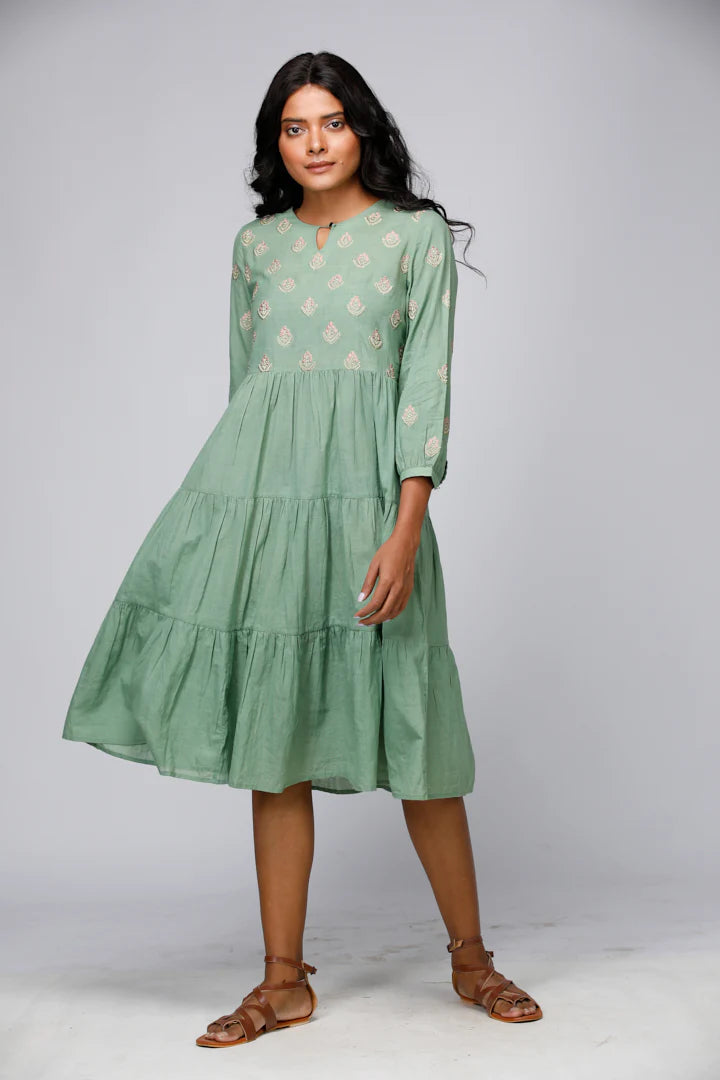Eco Khadi Cotton Floral Butti Tiered Dress - Seethal