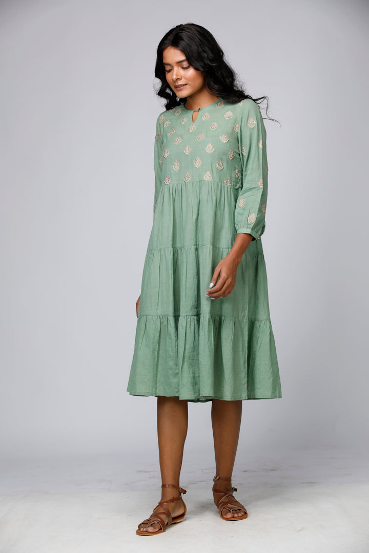 Eco Khadi Cotton Floral Butti Tiered Dress - Seethal