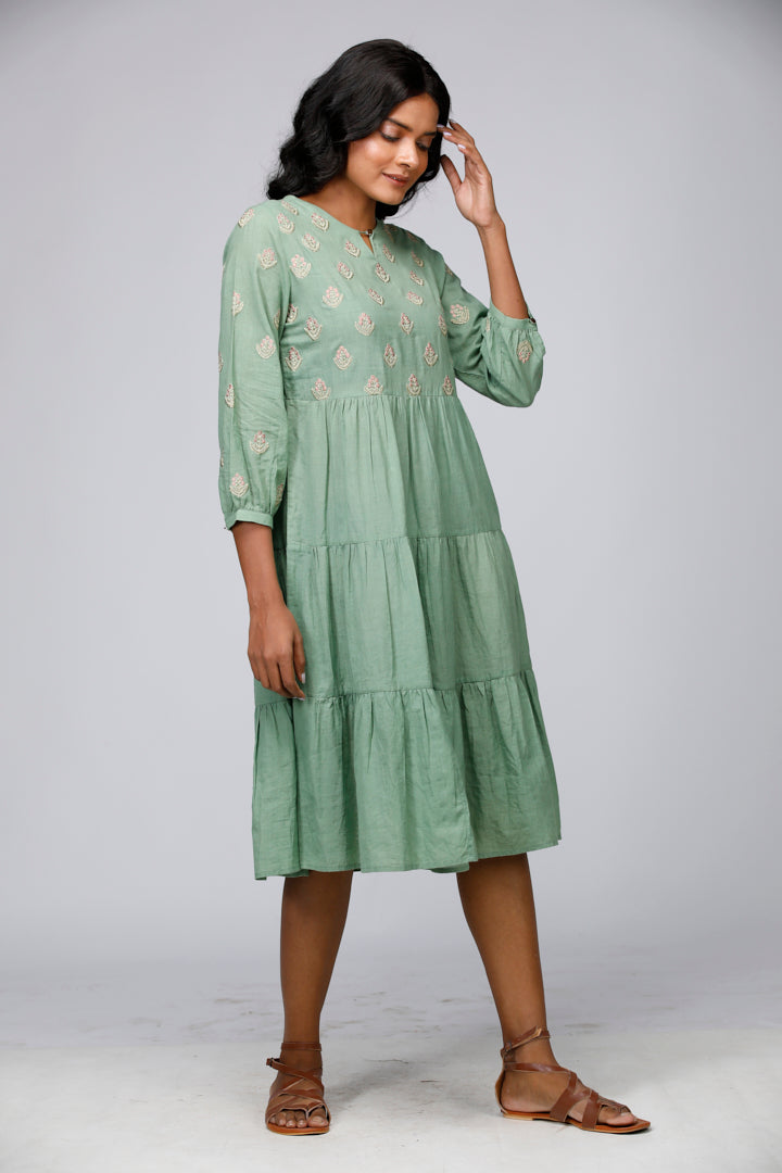 Eco Khadi Cotton Floral Butti Tiered Dress - Seethal