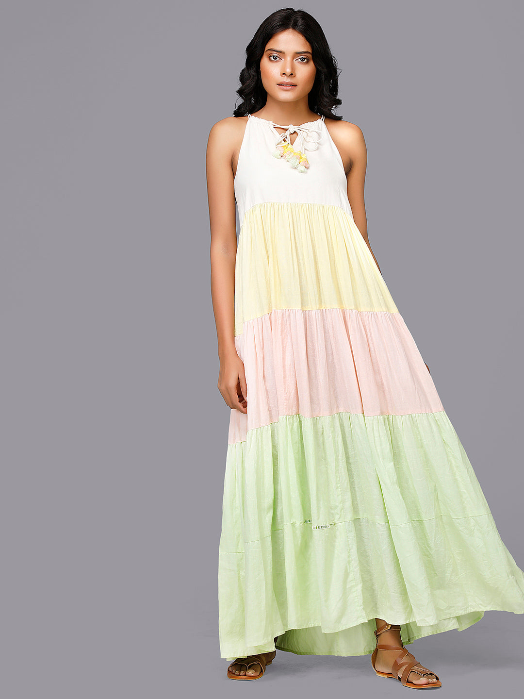 Eco Khadi Cotton Multicoloured Tiered Dress - Aria
