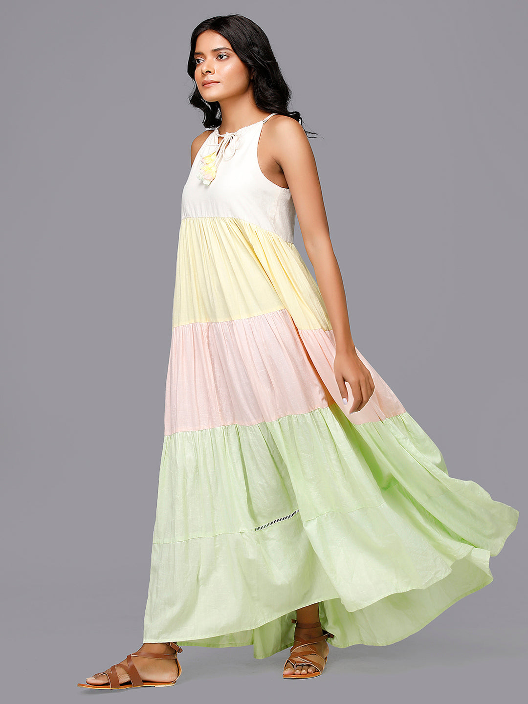 Eco Khadi Cotton Multicoloured Tiered Dress - Aria