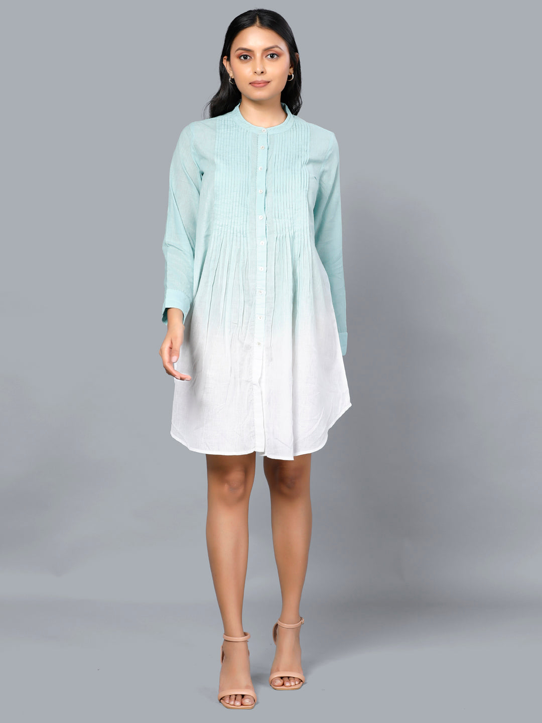 Eco Khadi Cotton Blue Salt Ombre Pintucks Tunic