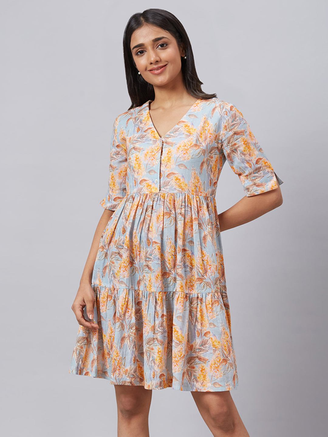 Eco Khadi Muslin Blue Multi Printed Tier Dress - Alizia