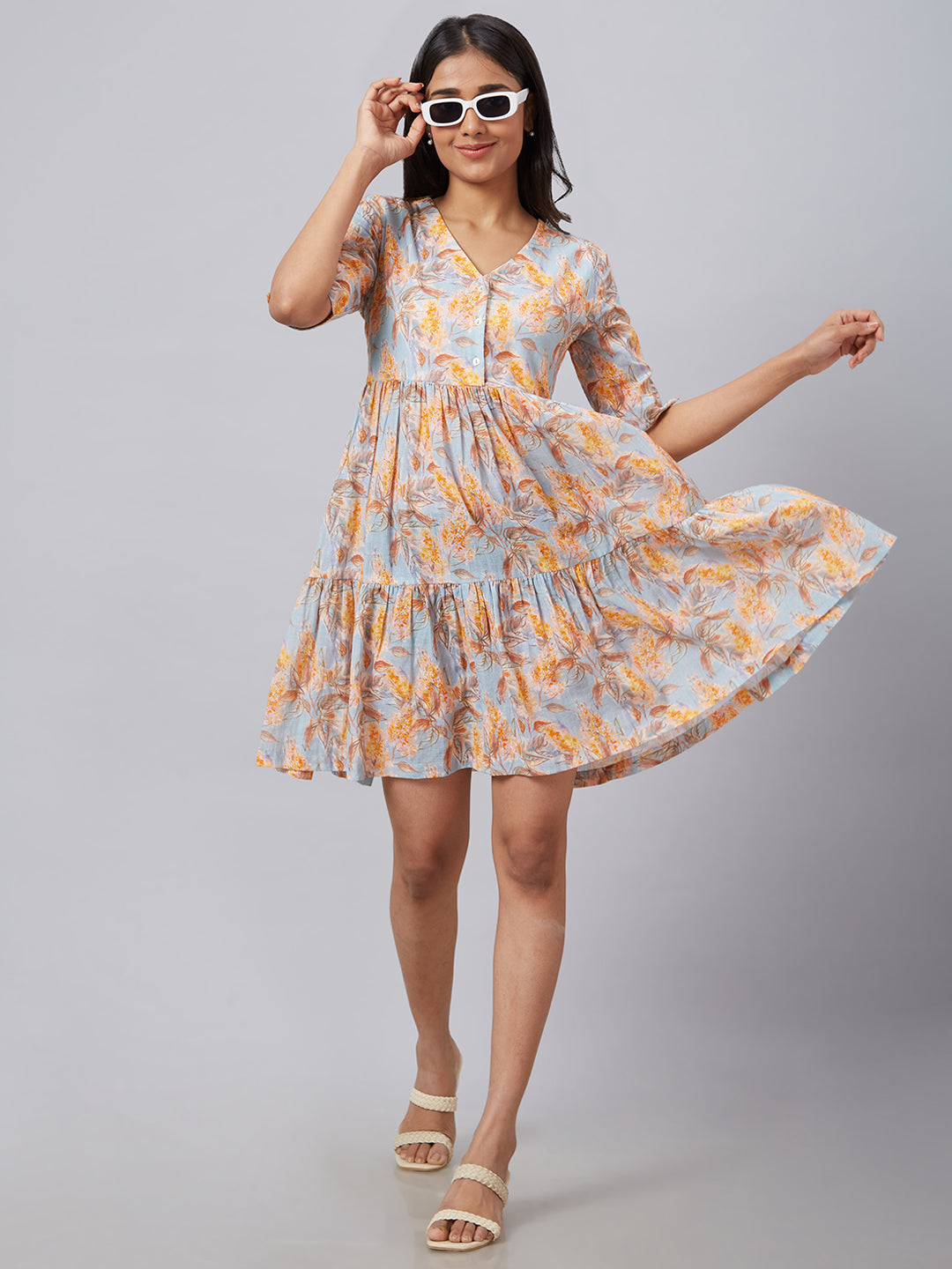 Eco Khadi Muslin Blue Multi Printed Tier Dress - Alizia