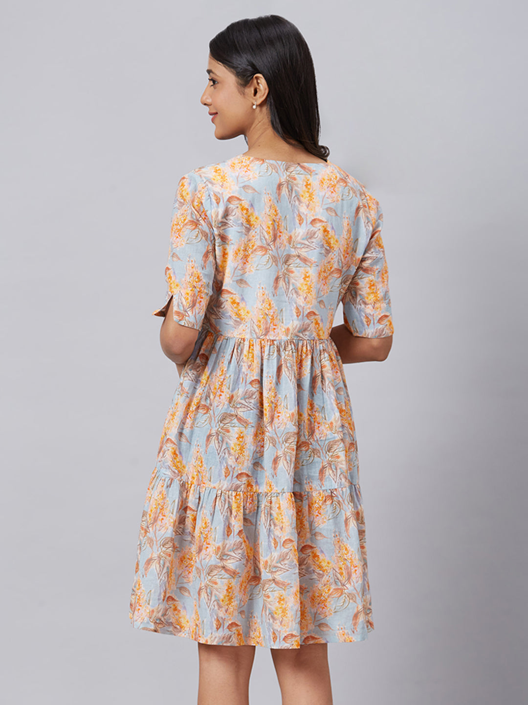 Eco Khadi Muslin Blue Multi Printed Tier Dress - Alizia