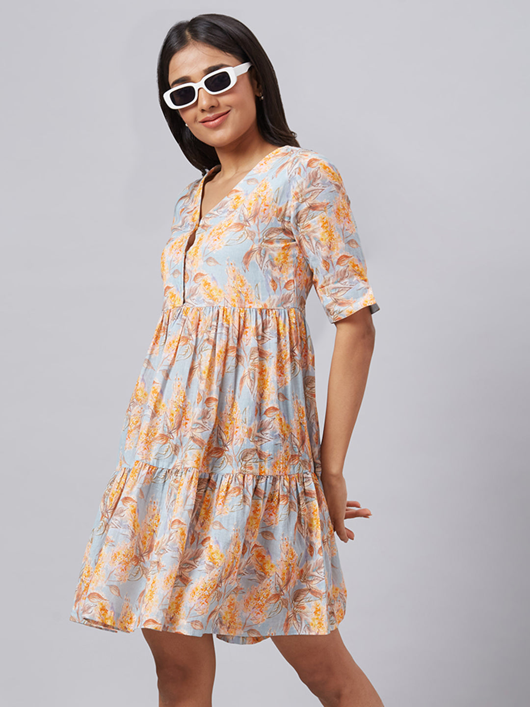 Eco Khadi Muslin Blue Multi Printed Tier Dress - Alizia