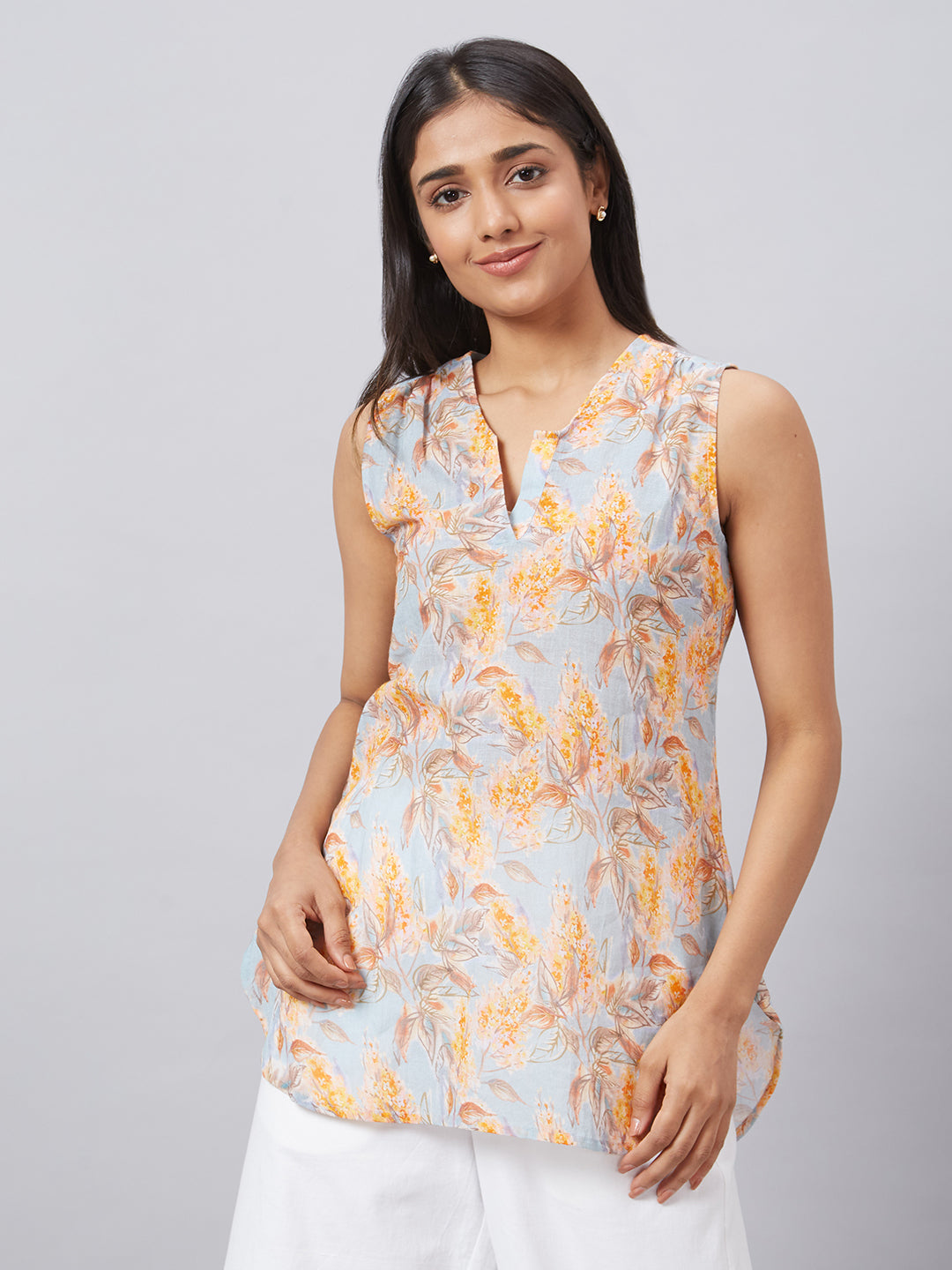 Eco Khadi Muslin Blue Multi Printed Sleeveless Top - Zia