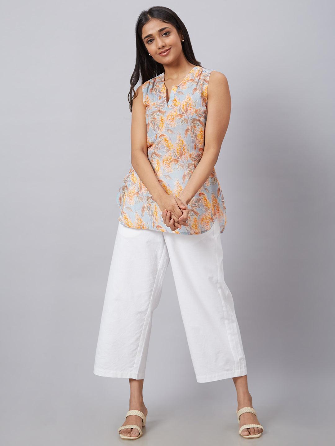 Eco Khadi Muslin Blue Multi Printed Sleeveless Top - Zia
