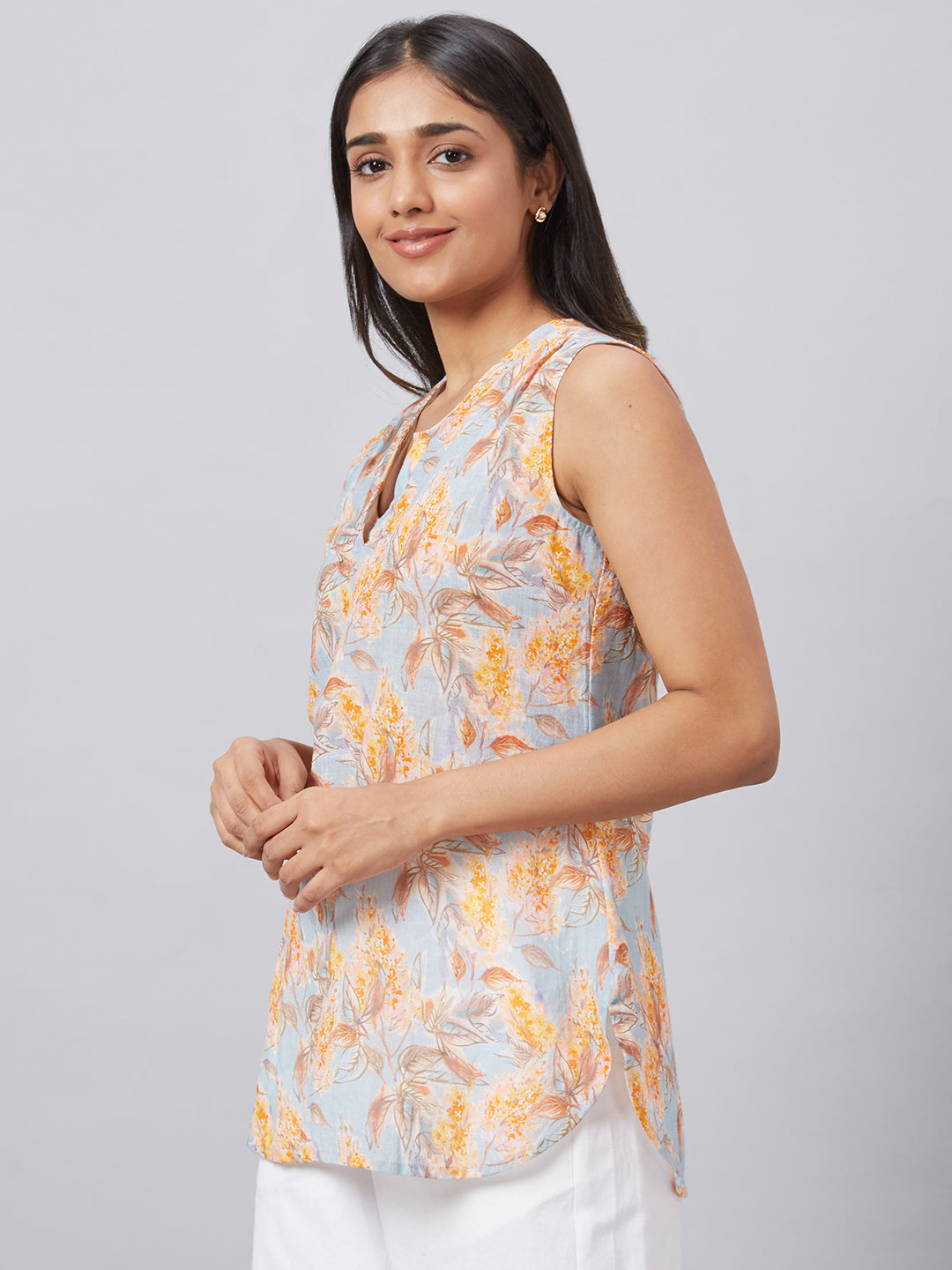 Eco Khadi Muslin Blue Multi Printed Sleeveless Top - Zia
