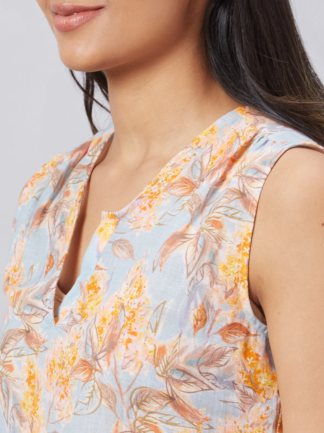 Eco Khadi Muslin Blue Multi Printed Sleeveless Top - Zia