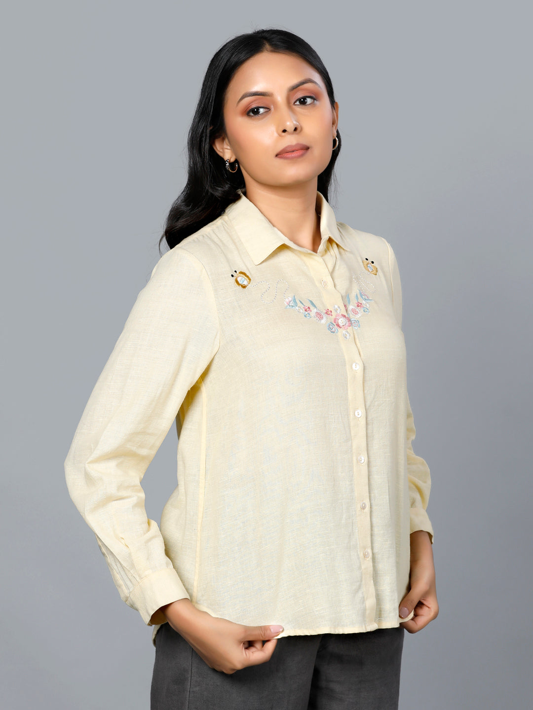 Eco Khadi Cotton Classic Embroidered Sun Yellow Shirt - Meera
