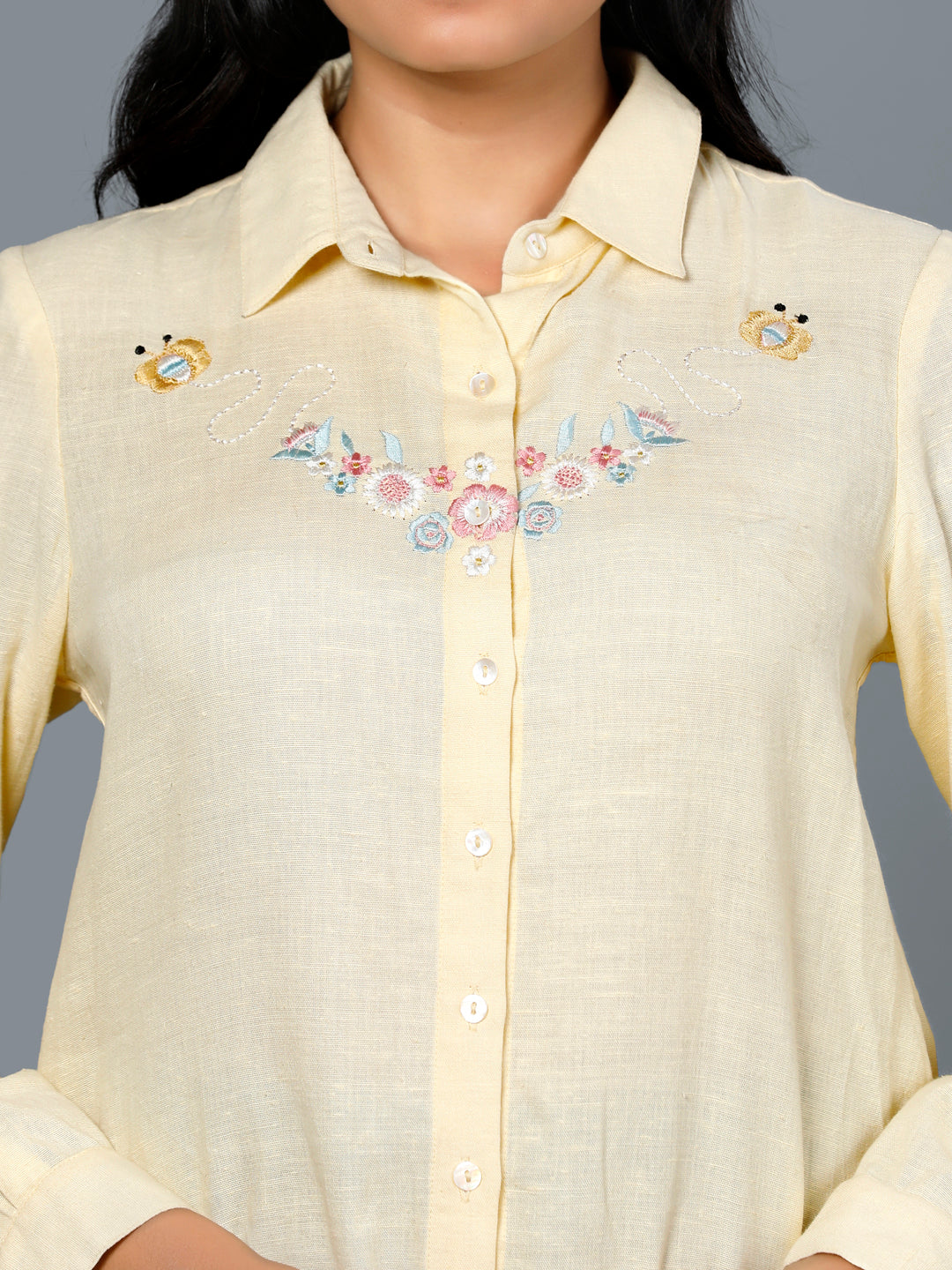 Eco Khadi Cotton Classic Embroidered Sun Yellow Shirt - Meera