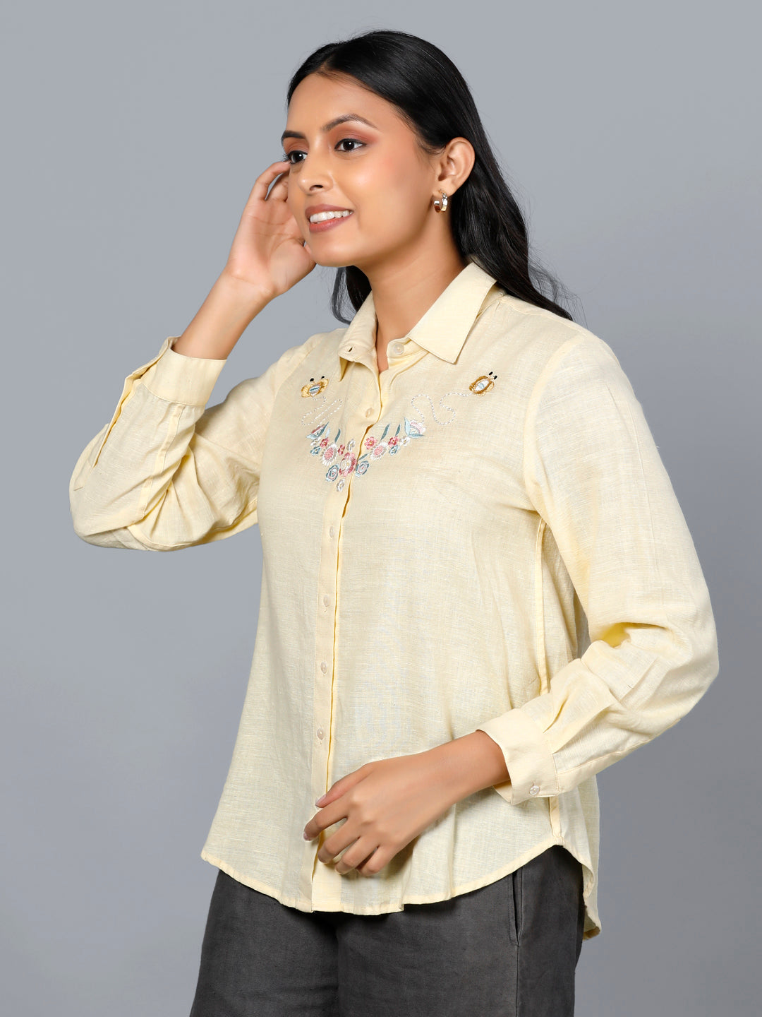 Eco Khadi Cotton Classic Embroidered Sun Yellow Shirt - Meera