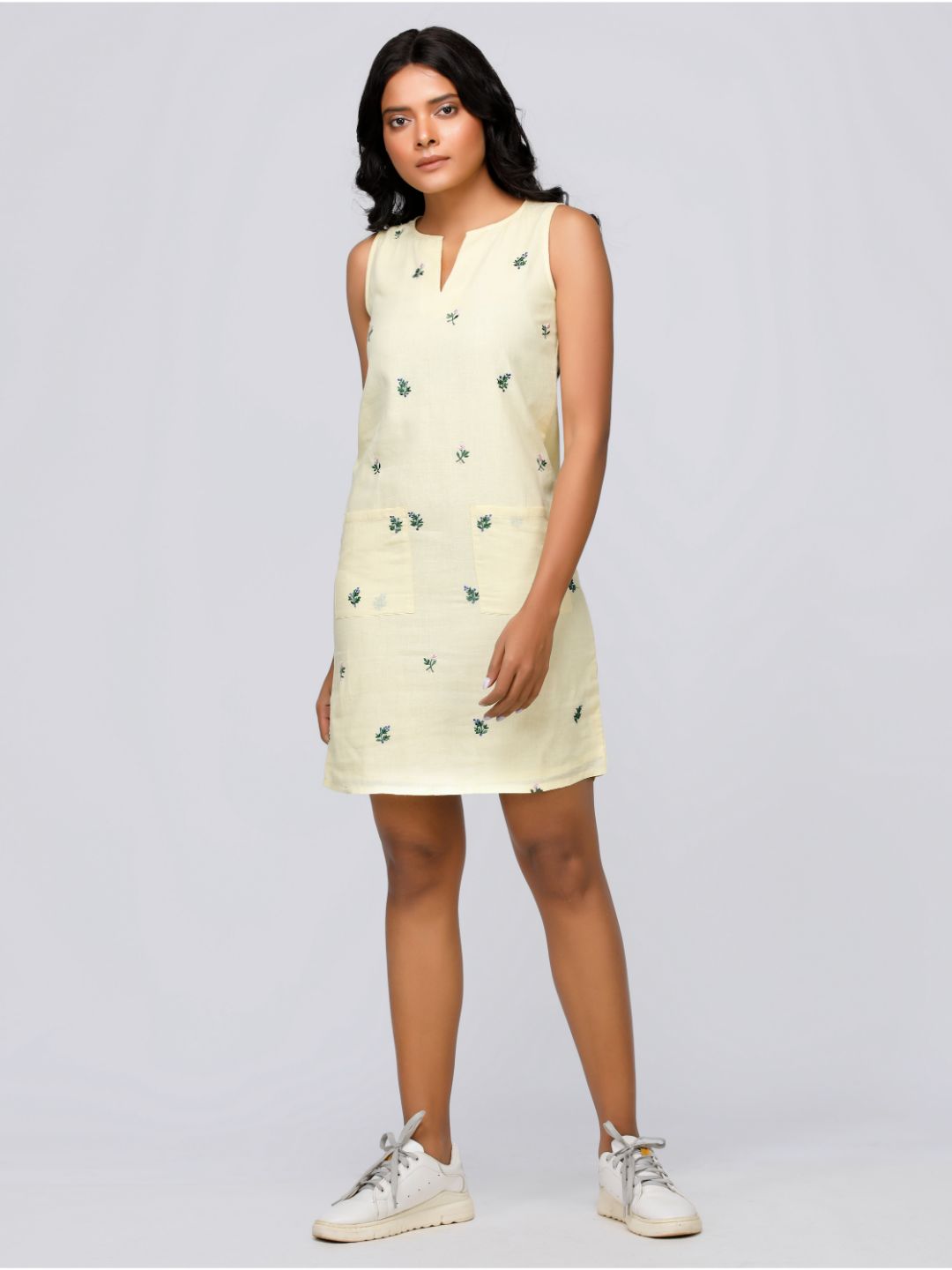 Eco Khadi Cotton Lemon Yellow Floral Dress - Iraja