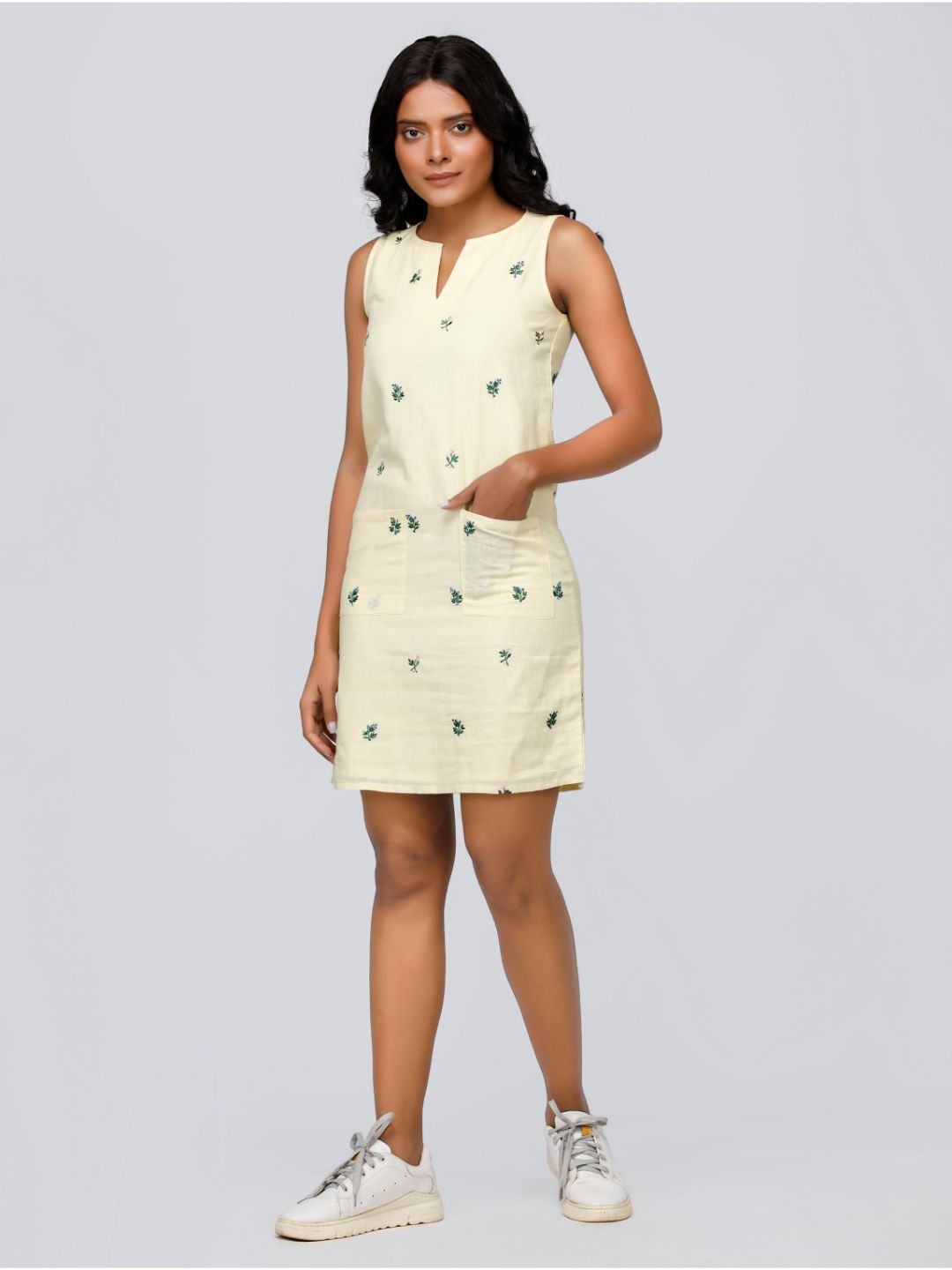 Eco Khadi Cotton Lemon Yellow Floral Dress - Iraja