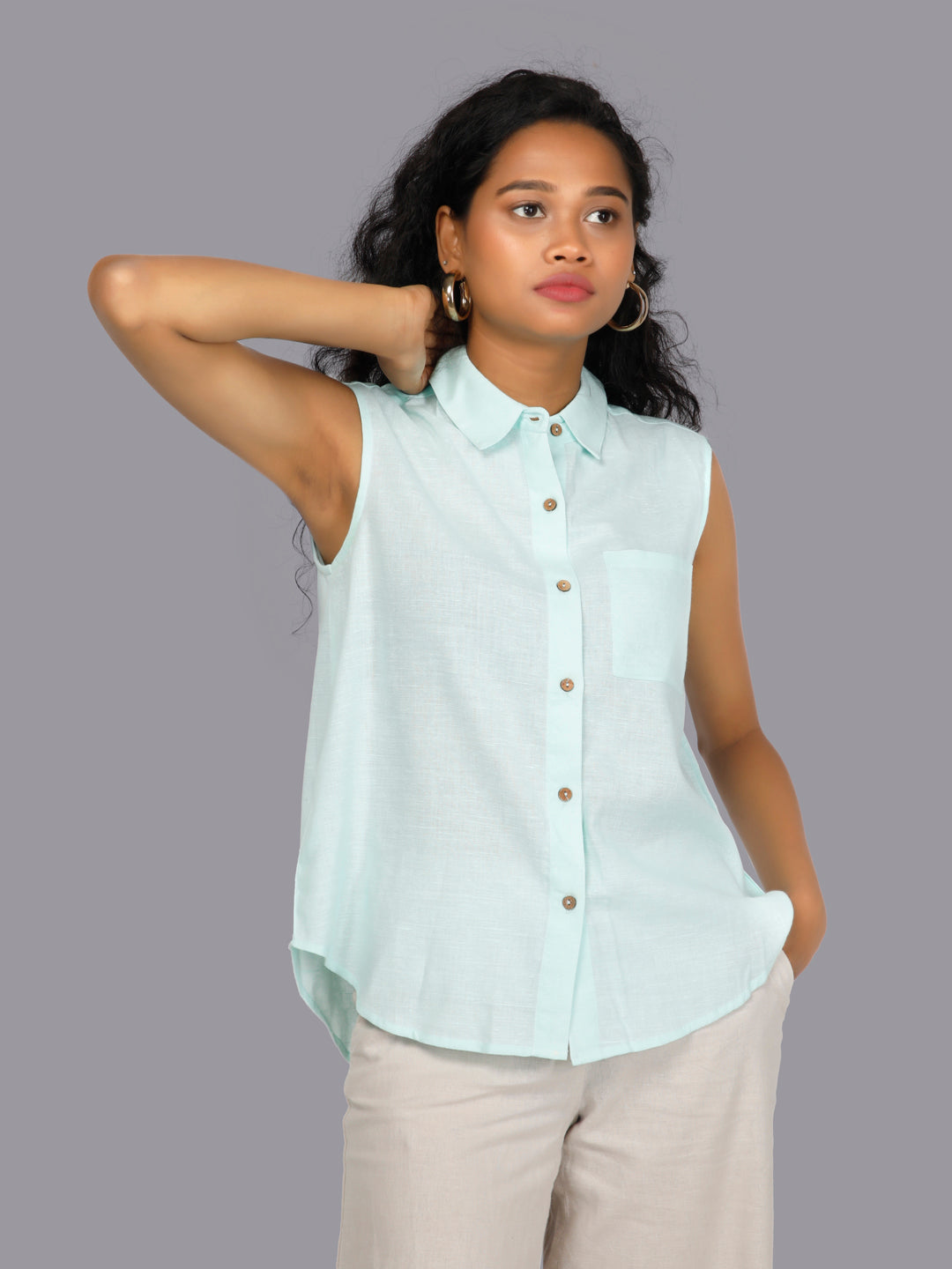 Eco Khadi Cotton Classic Sleeveless Blue Shirt - Ajra