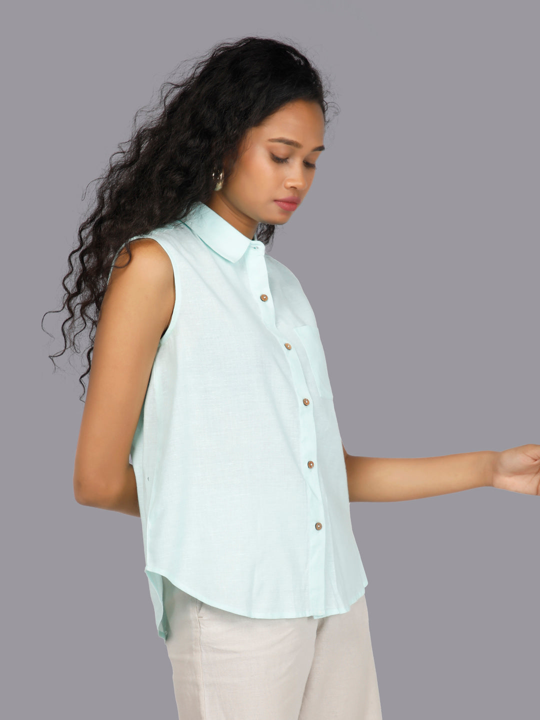 Eco Khadi Cotton Classic Sleeveless Blue Shirt - Ajra