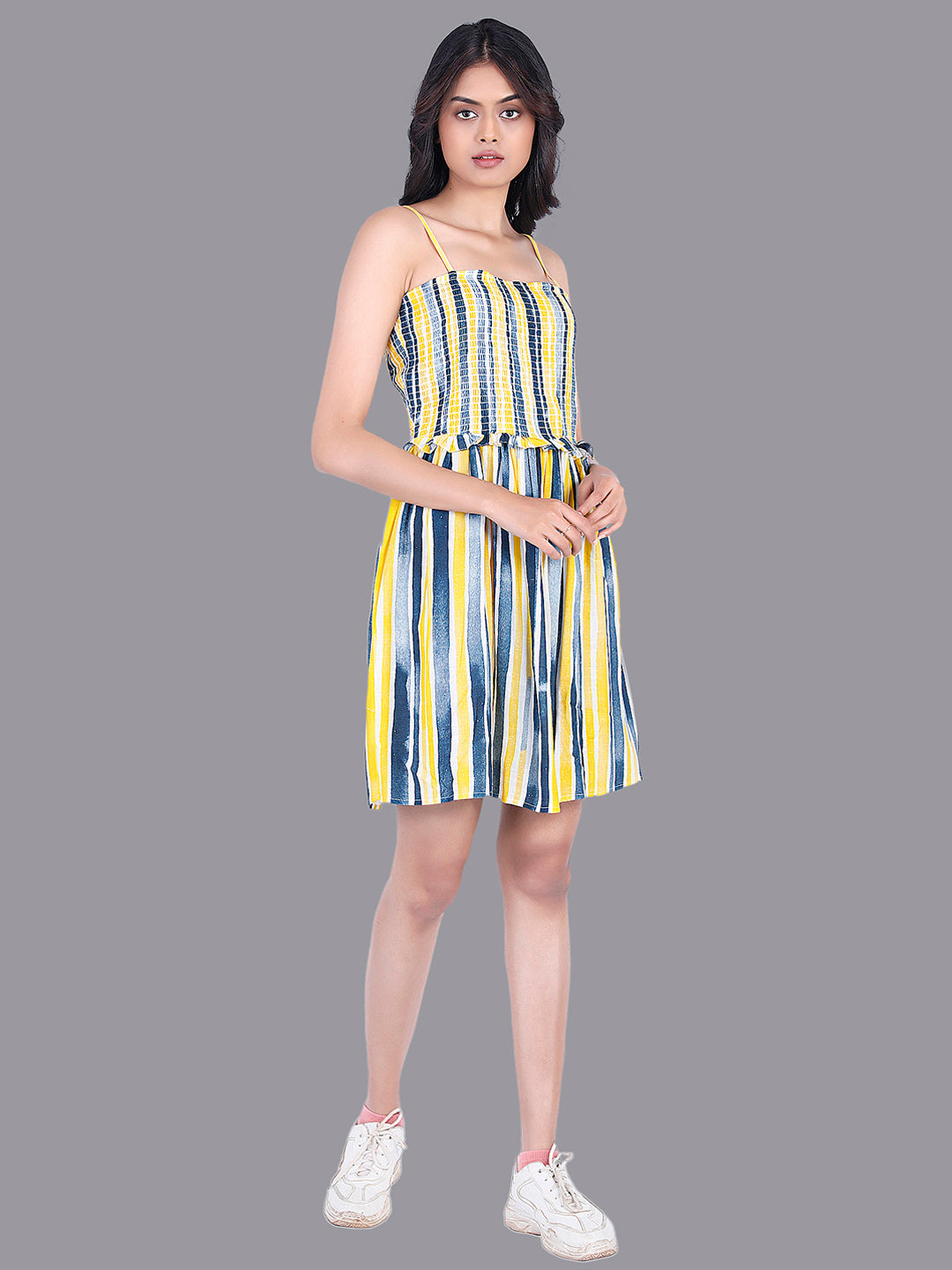 Eco Khadi Cotton Yellow Blue Striped Smocking Dress